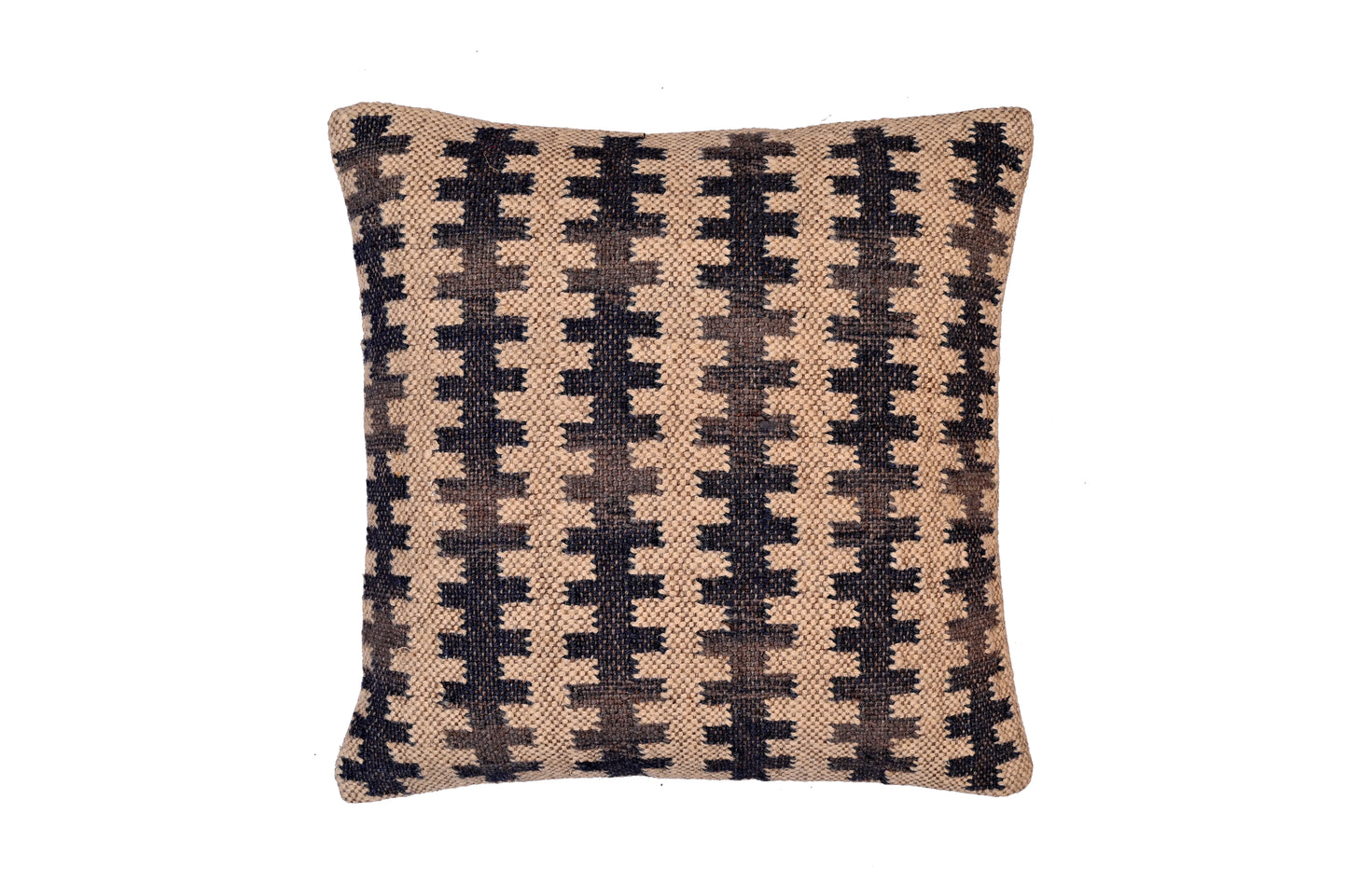 cojin kilim tonos beige y negro tejido a mano en fibras naturales de yute y lana.