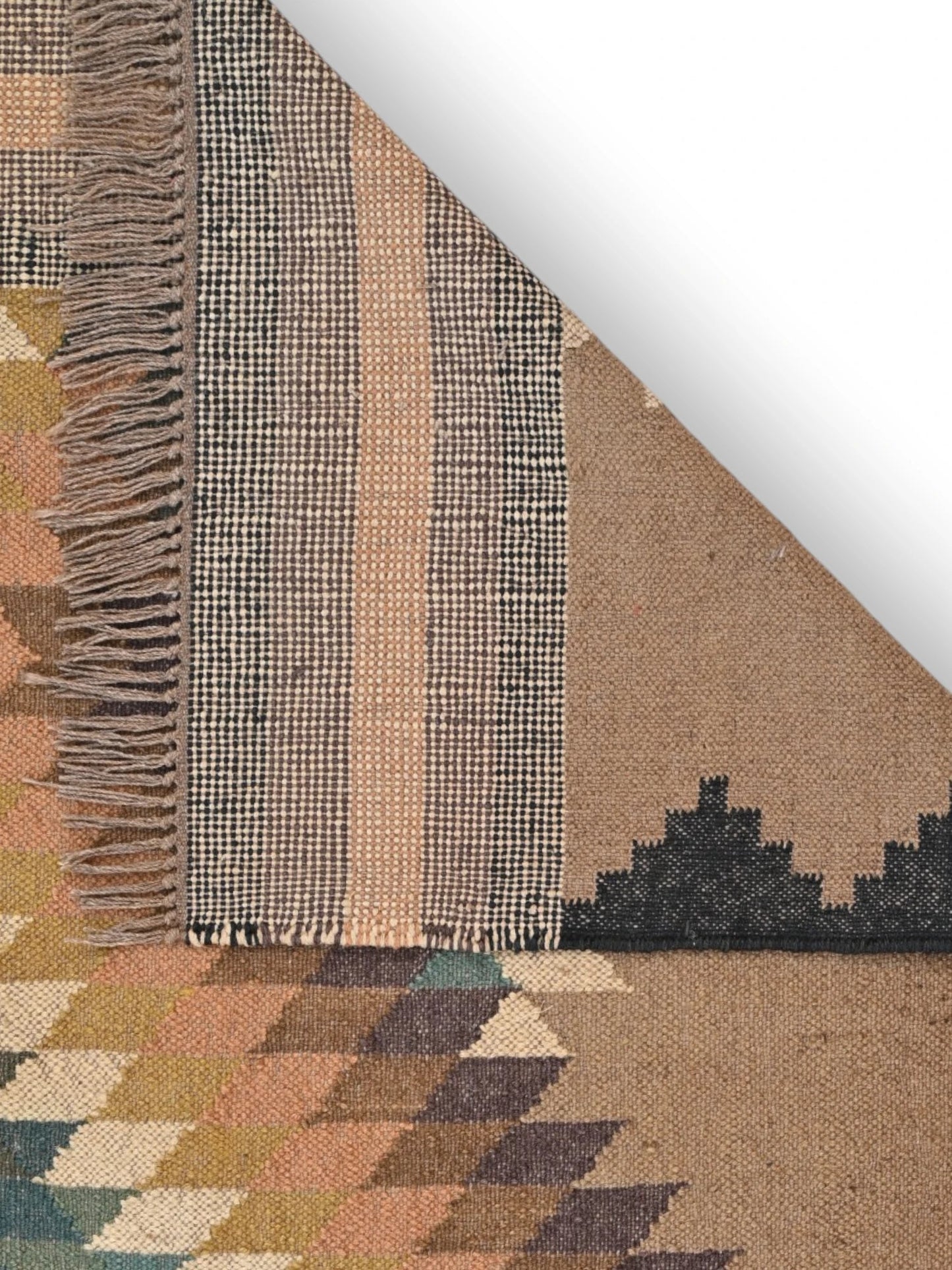 Detalle de alfombras kililm pasillo 120x180 multicolor necha a mano en fibras naturales