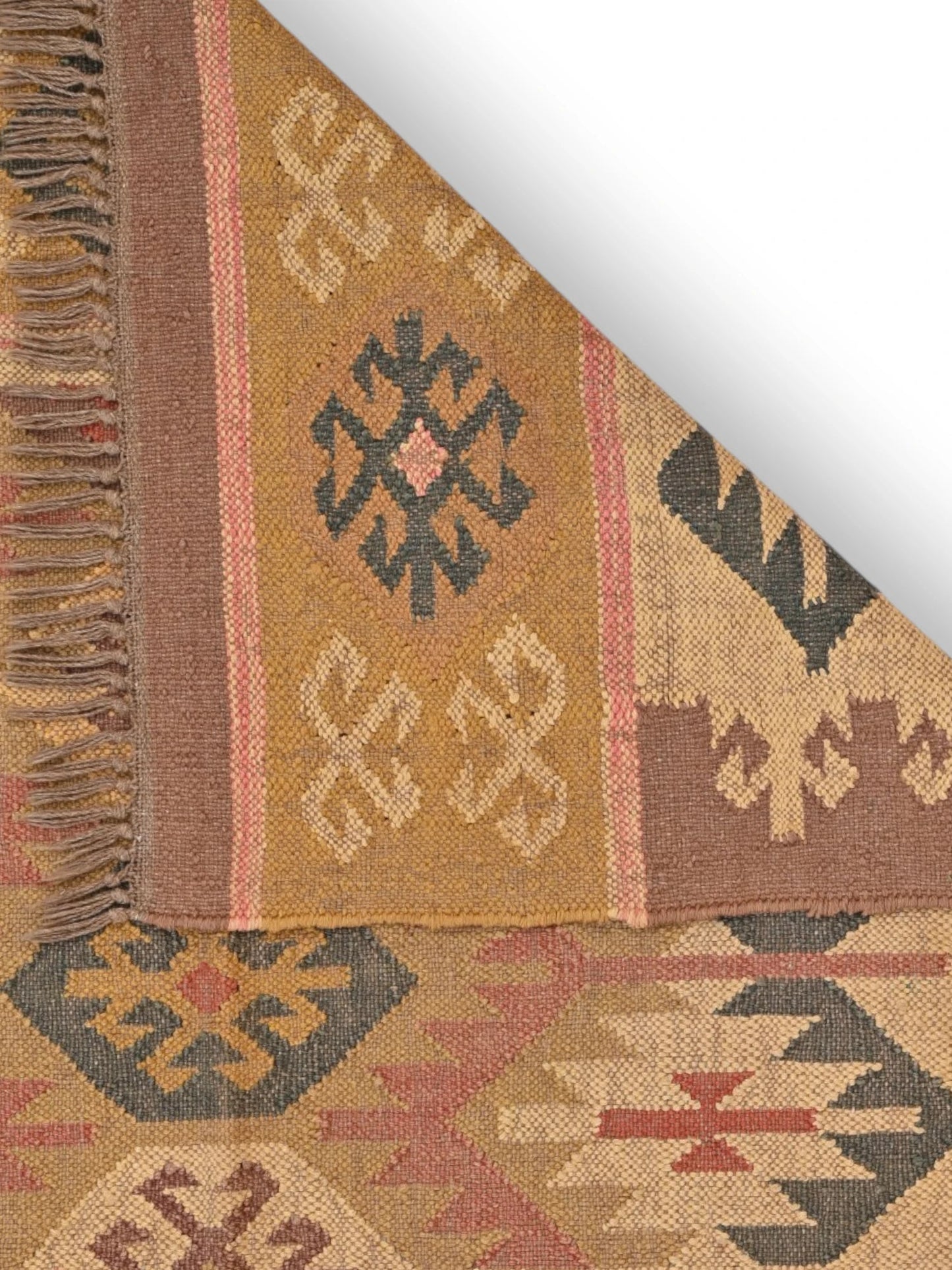 Detalle de alfombras kililm pasillo 120x180 multicolor necha a mano en fibras naturales
