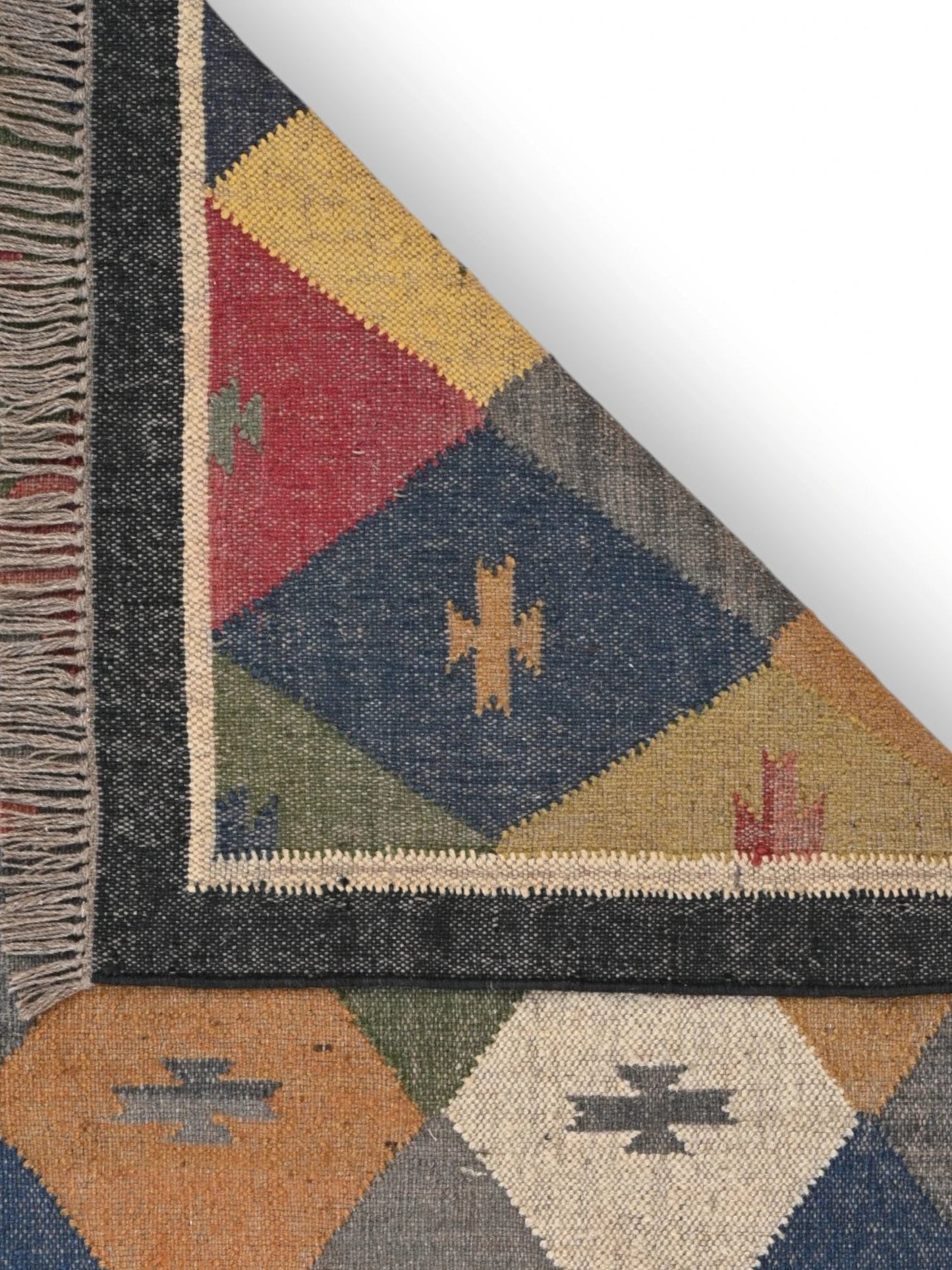 Detalle de alfombras kililm pasillo 120x180 multicolor necha a mano en fibras naturales