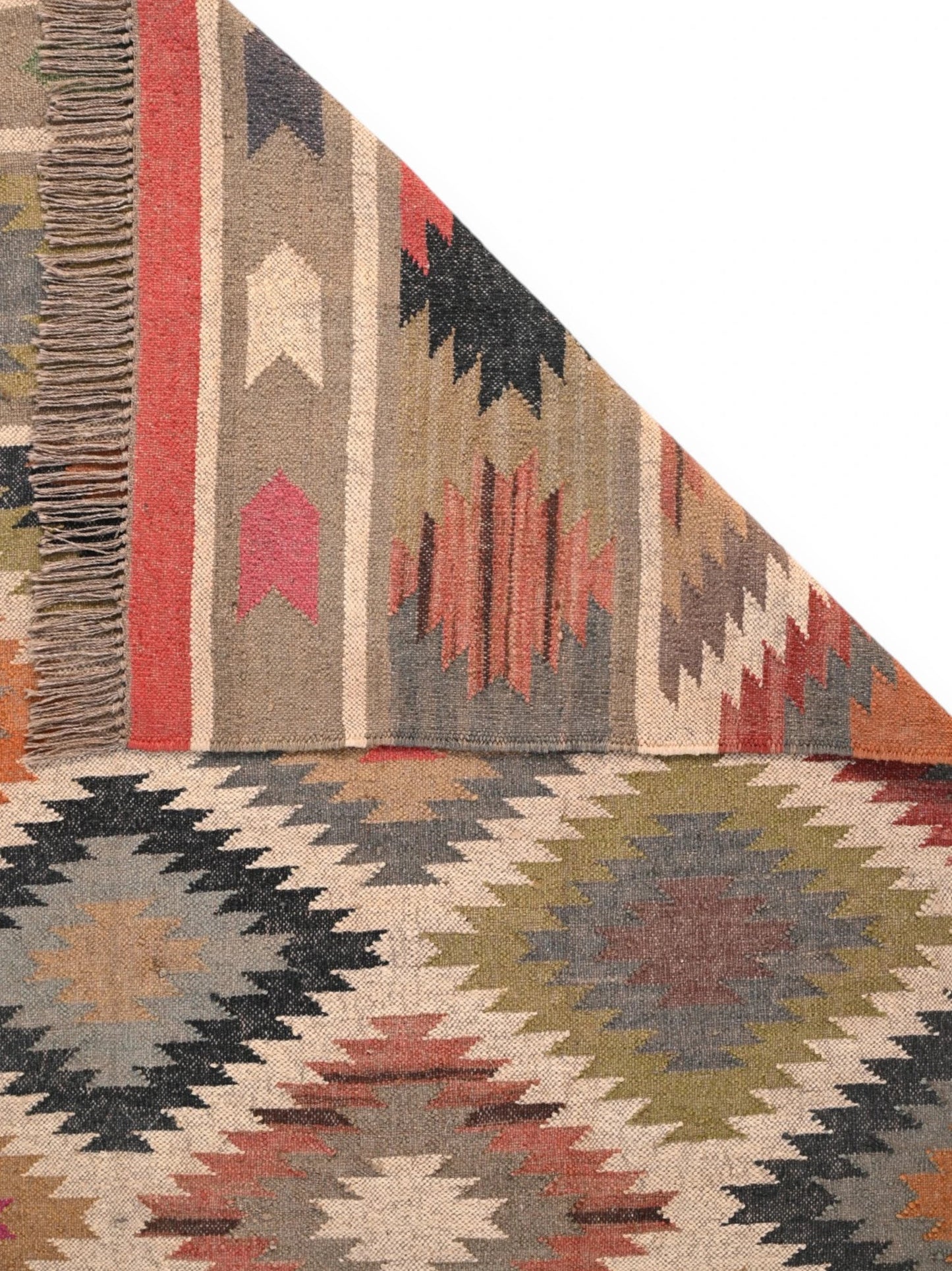 Detalle de alfombras kililm pasillo 180x270 multicolor necha a mano en fibras naturales