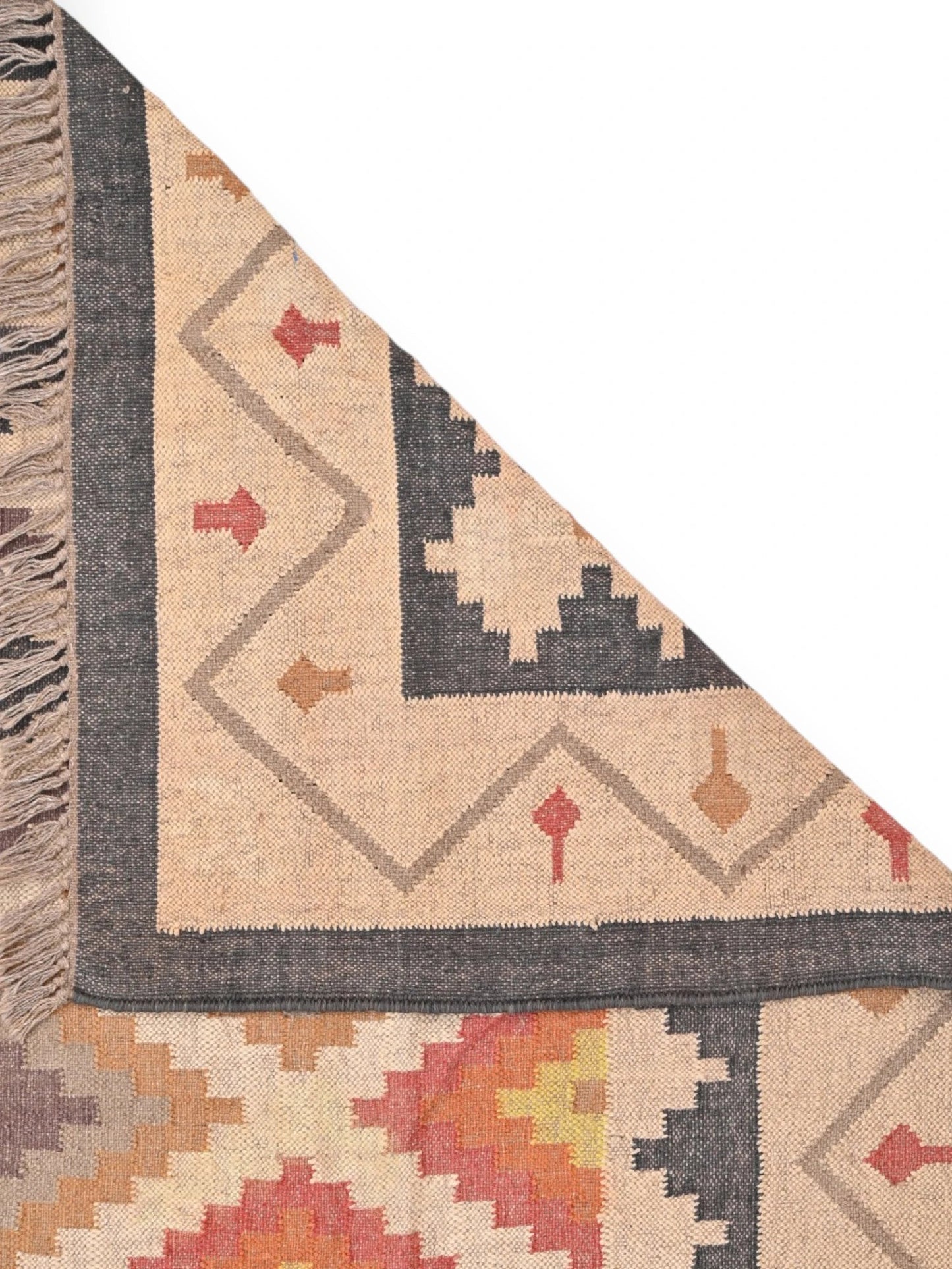 Detalle de alfombras kililm pasillo 240x300 multicolor necha a mano en fibras naturales