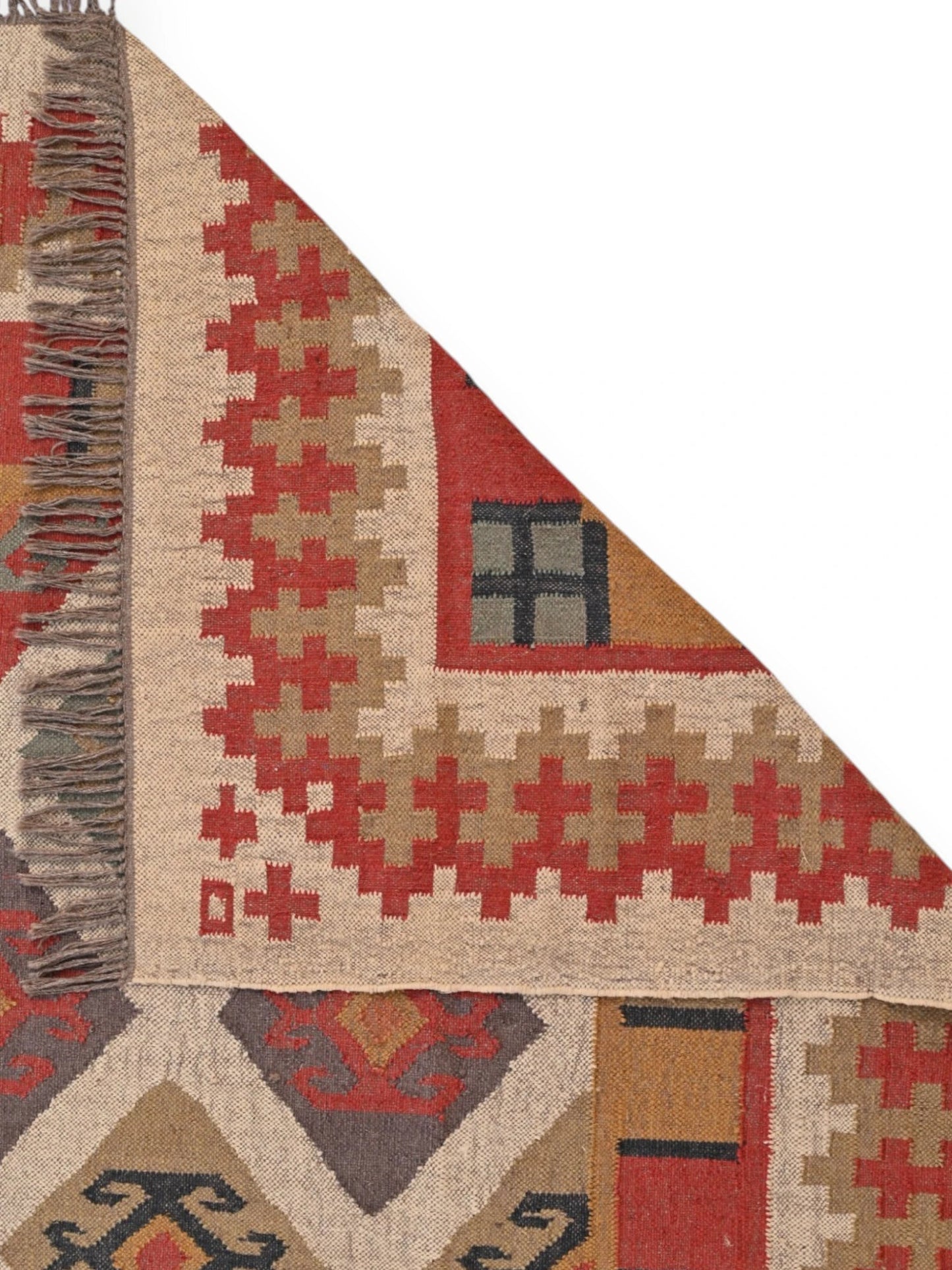 Detalle de alfombras kililm pasillo 270x360 multicolor necha a mano en fibras naturales