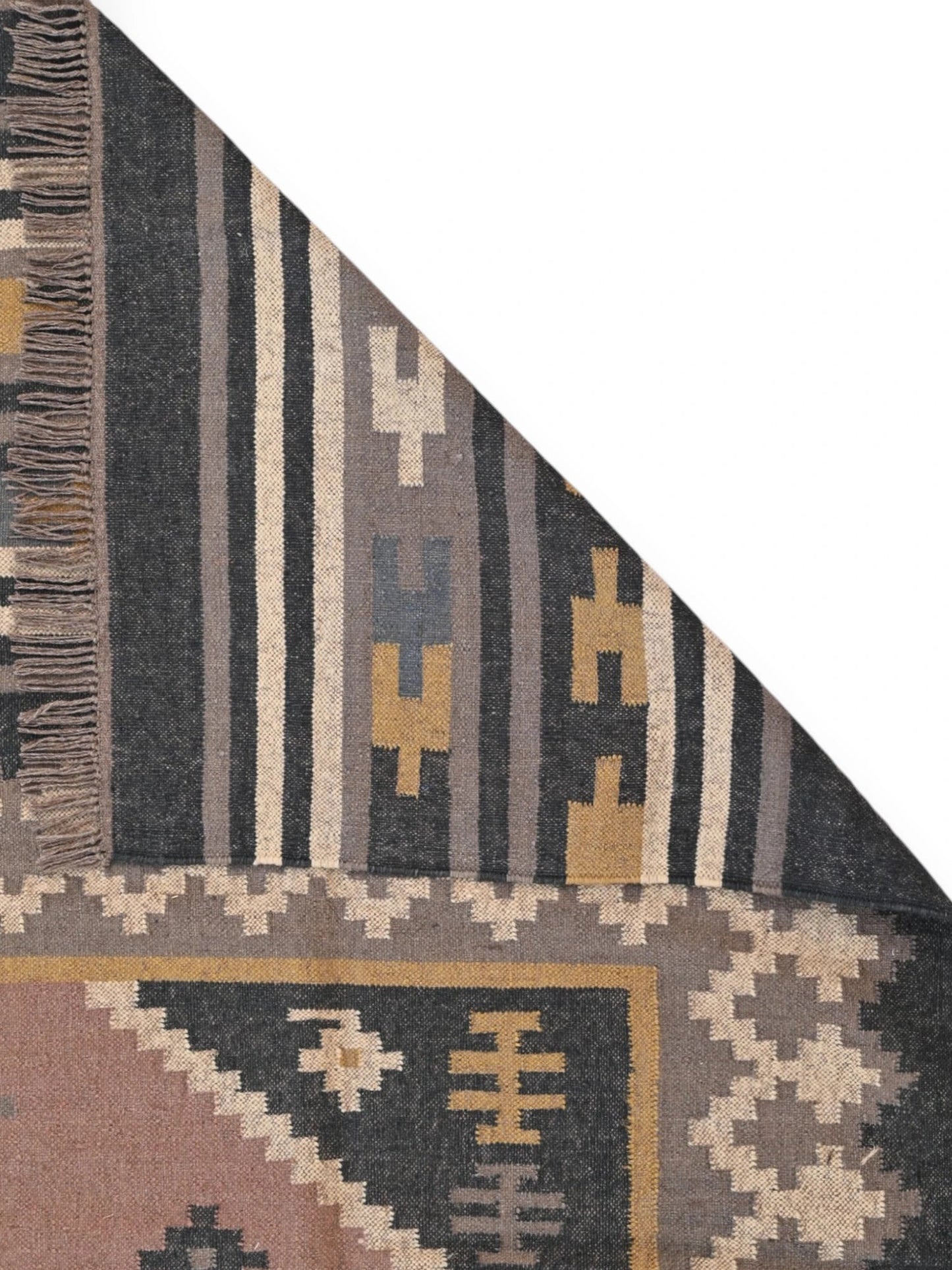 Detalle de alfombras kililm pasillo 270x360 multicolor necha a mano en fibras naturales