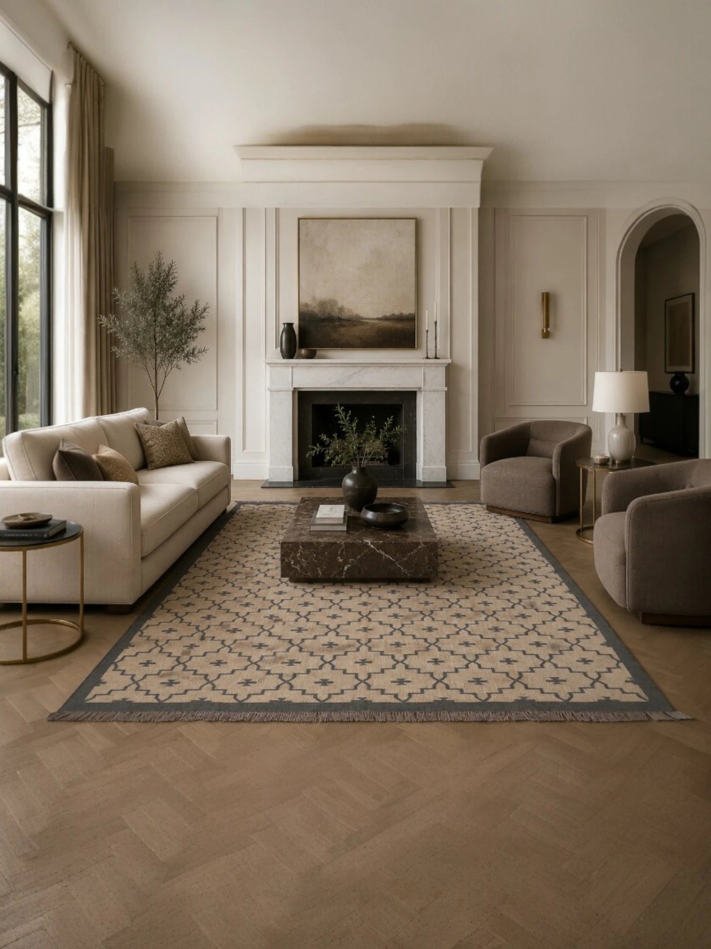 Detalle de alfombras kililm pasillo 280x320 marrón necha a mano en fibras naturales