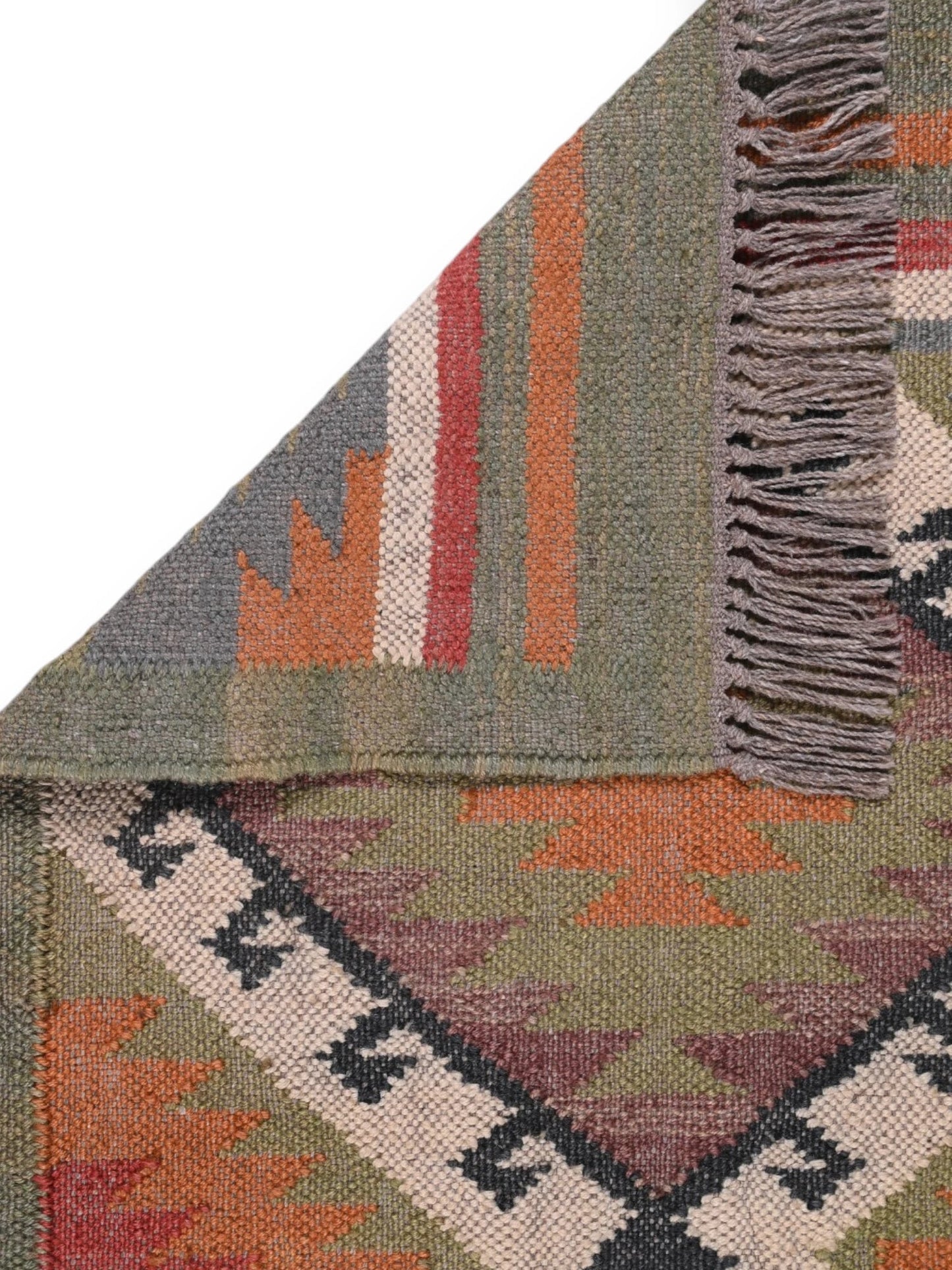 Detalle de alfombra kilim pasillo 60x150 multicolor hecha a mano en fibras naturales