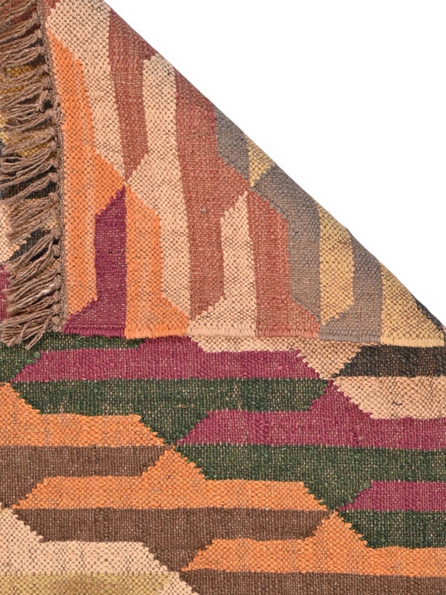 Detalle de alfombras kililm pasillo 60x180 multicolor necha a mano en fibras naturales
