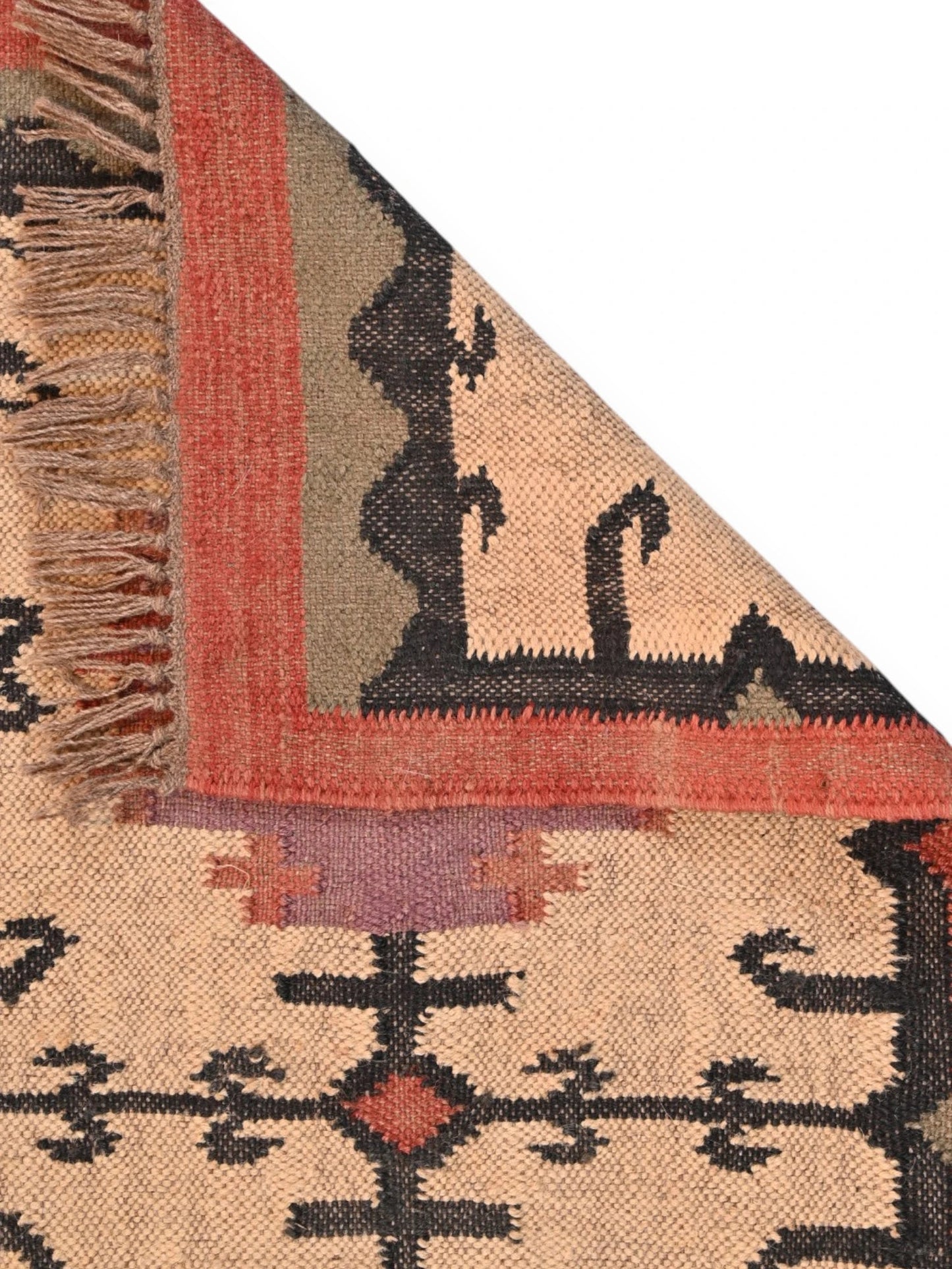 Detalle de alfombras kililm pasillo 60x180 multicolor necha a mano en fibras naturales