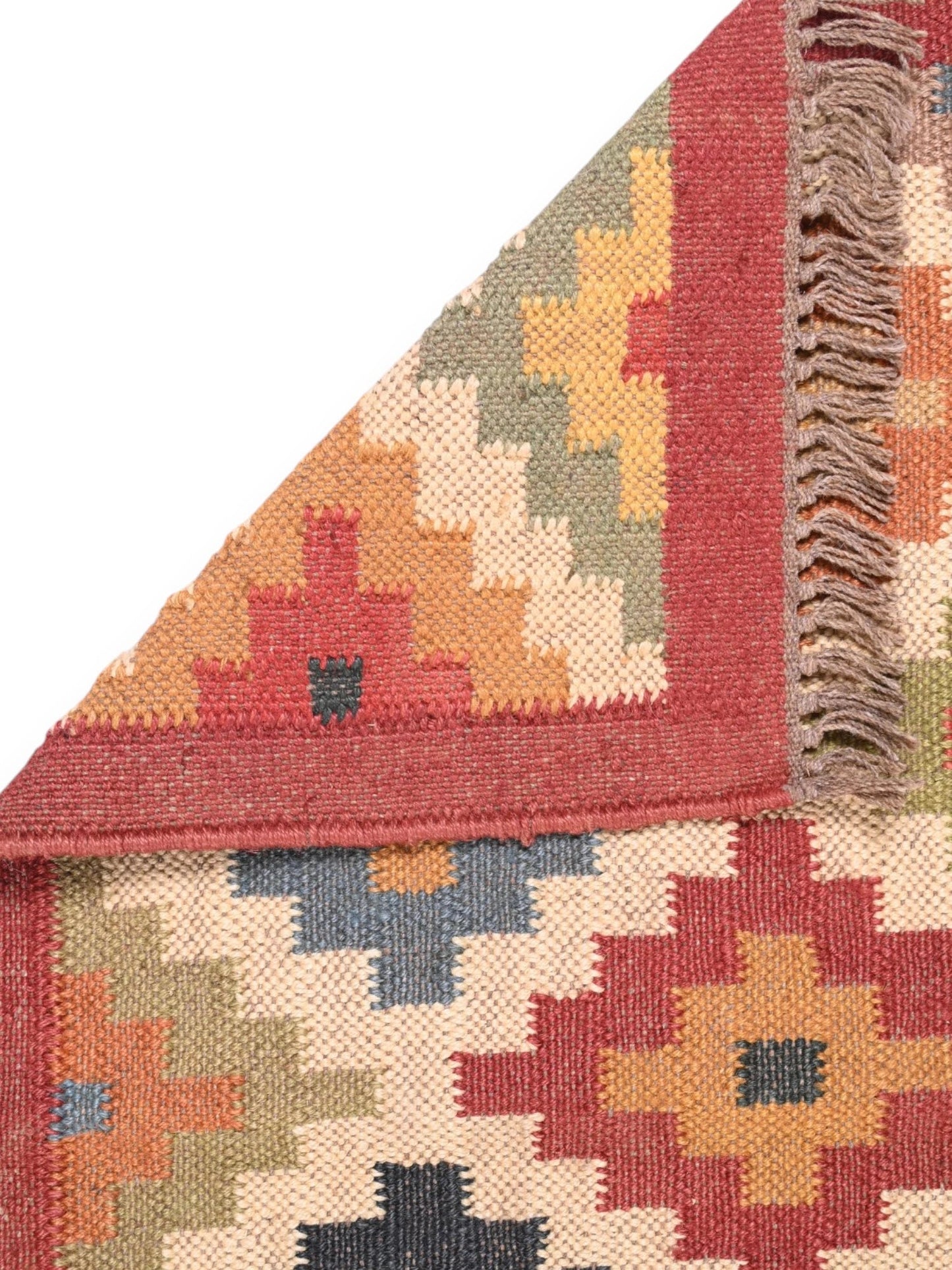 Detalle de alfombra kilim pasillo 60x180 multicolor hecha a mano en fibras naturales