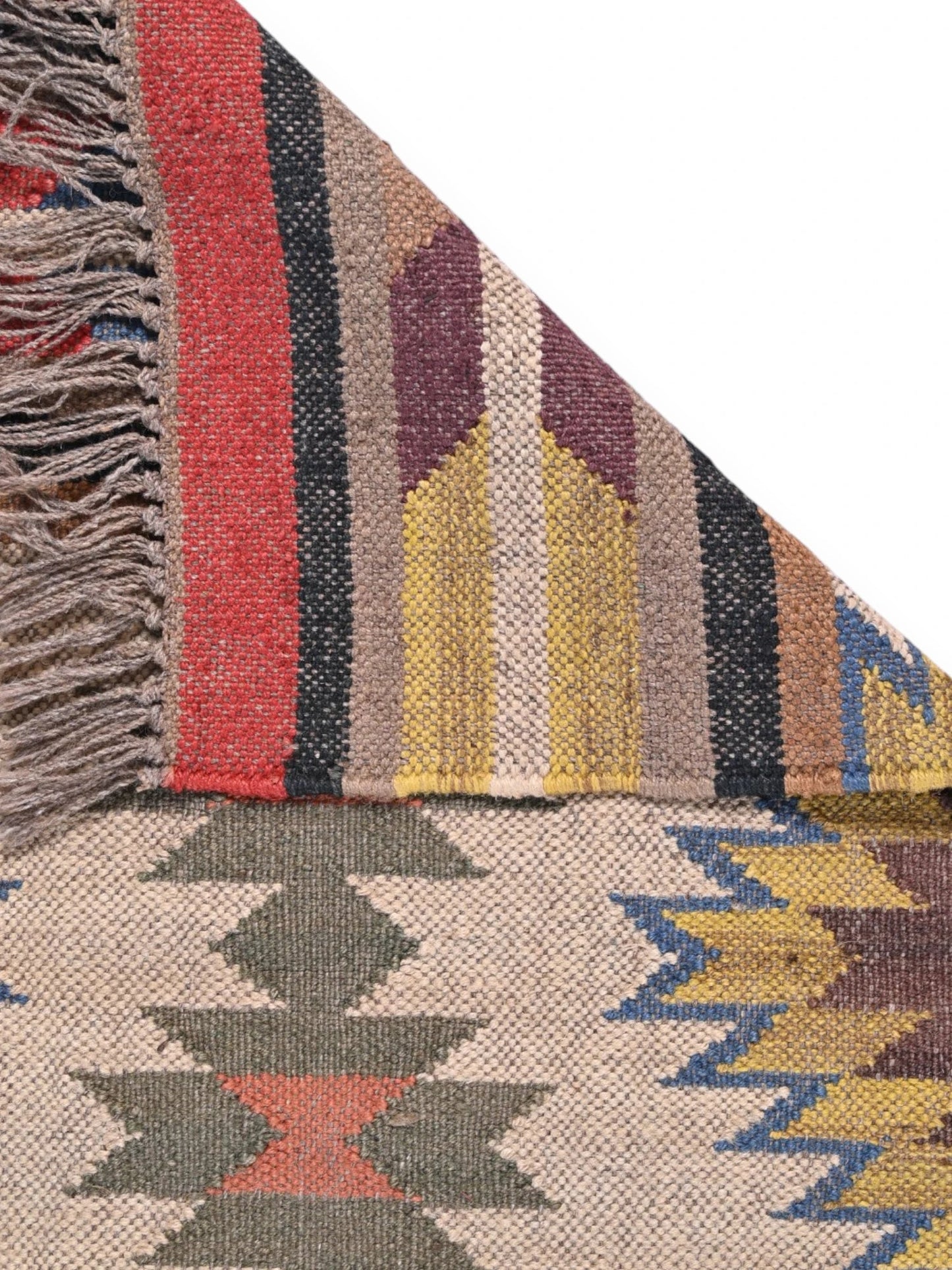 Detalle de alfombras kililm pasillo 60x180 multicolor necha a mano en fibras naturales
