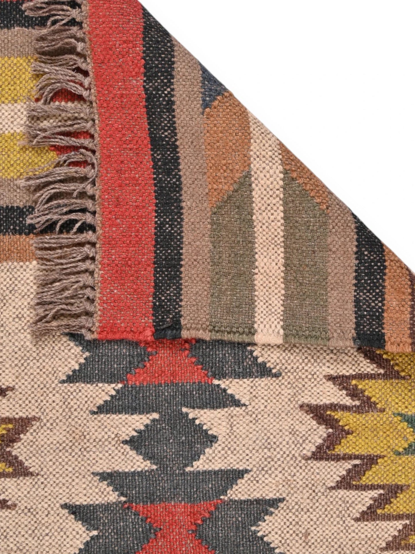 Detalle de alfombras kililm pasillo 60x90 multicolor necha a mano en fibras naturales