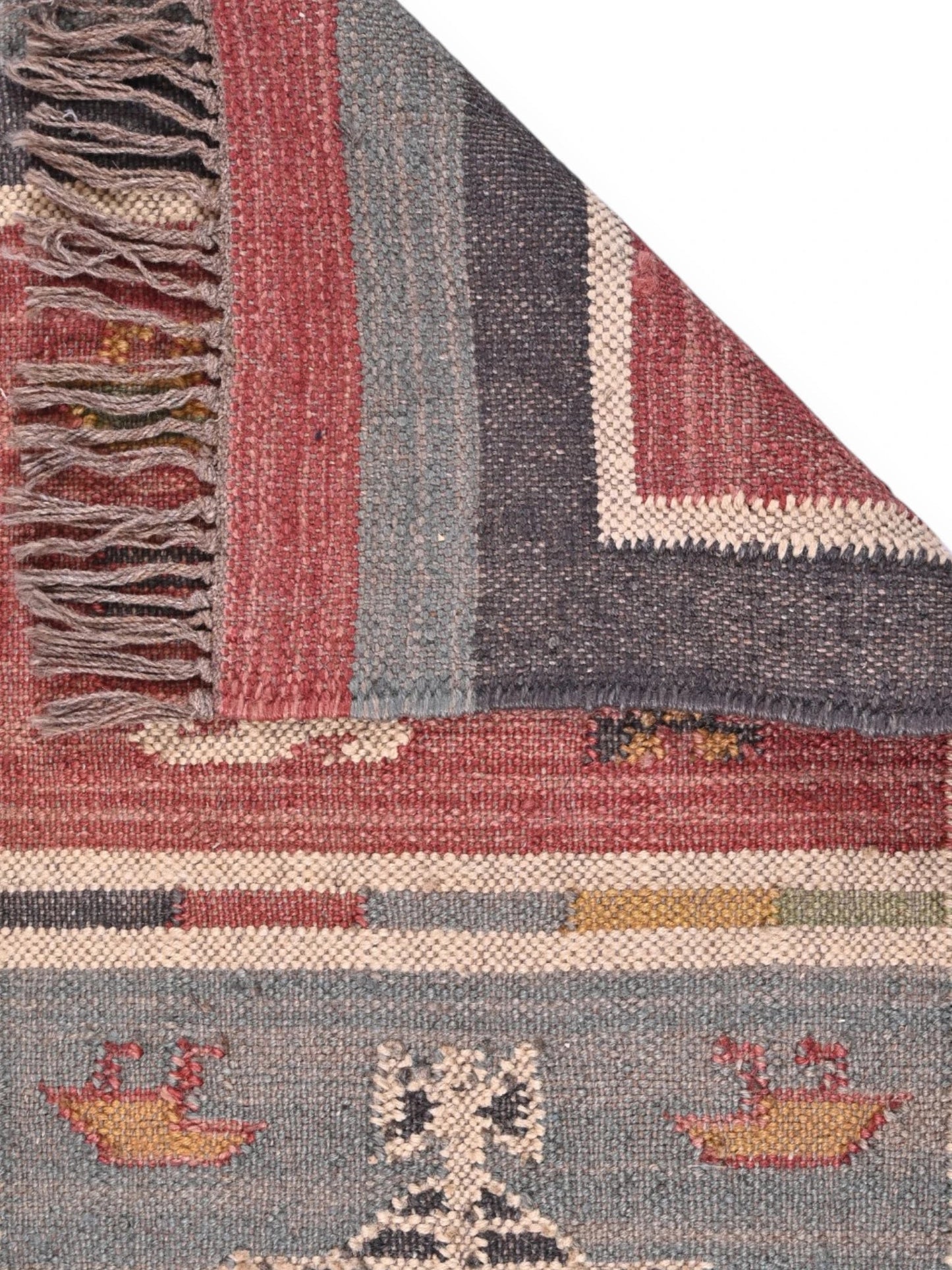 Detalle de alfombras kililm pasillo 60x90 multicolor necha a mano en fibras naturales