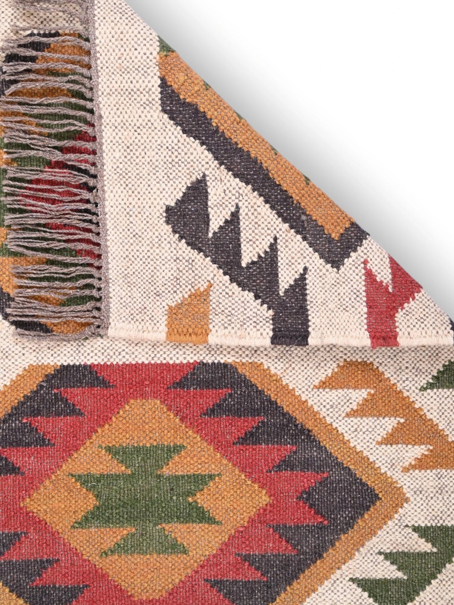 Detalle de alfombras kililm pasillo 60x90 multicolor necha a mano en fibras naturales
