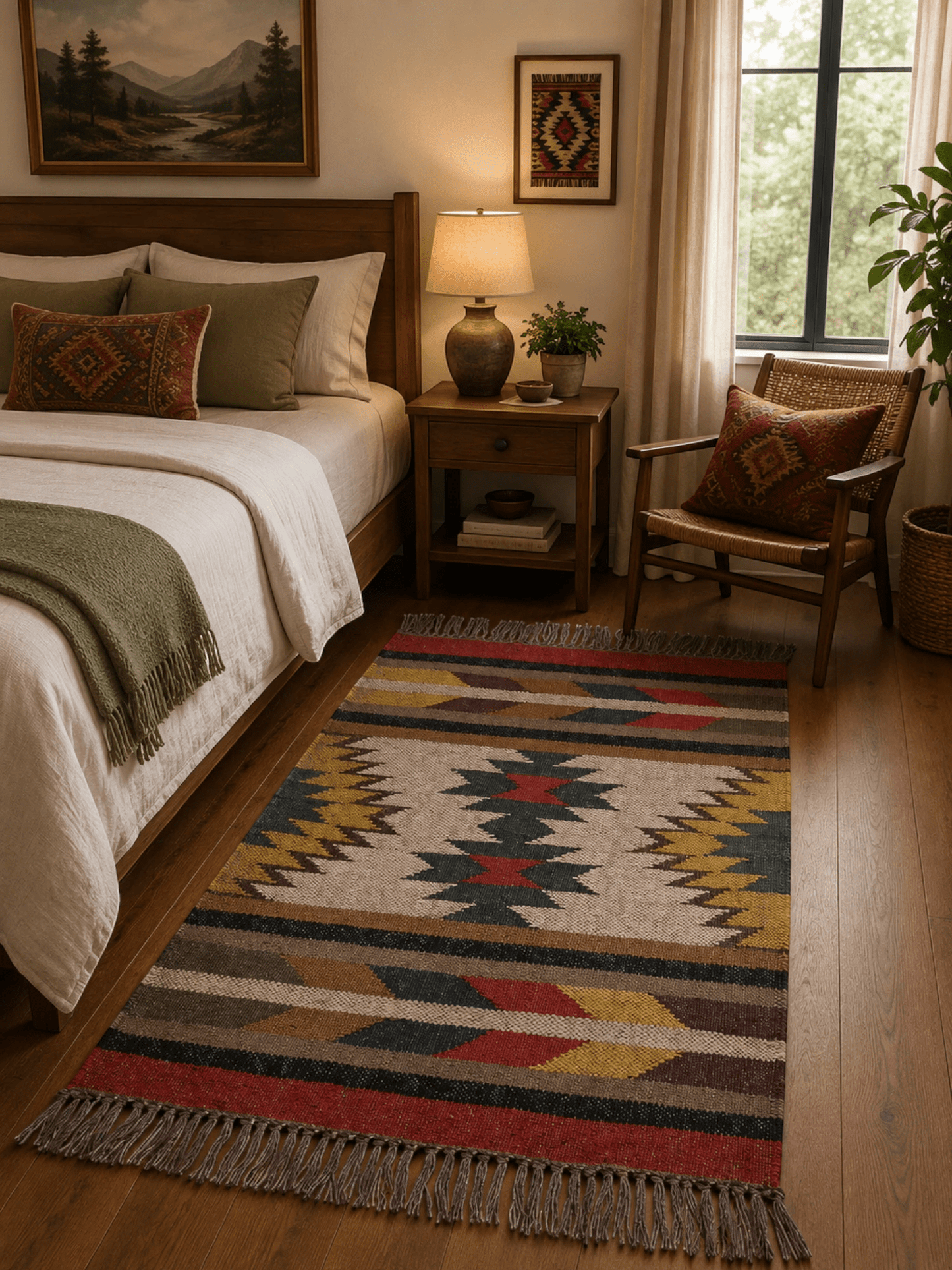 Alfombra Kilim 60x90 cms para (comedor, salón, dormitorio...dinning, living, room) multicolor de yute y lana.