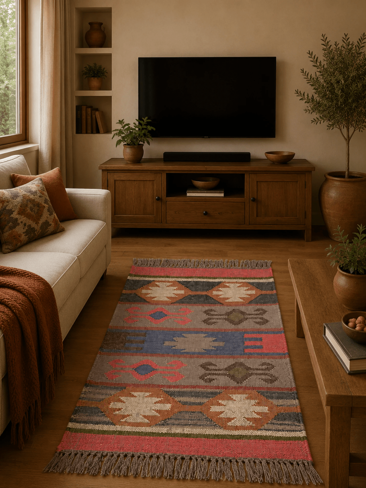 Alfombra Kilim 60x90 cms para (comedor, salón, dormitorio...dinning, living, room) multicolor de yute y lana.