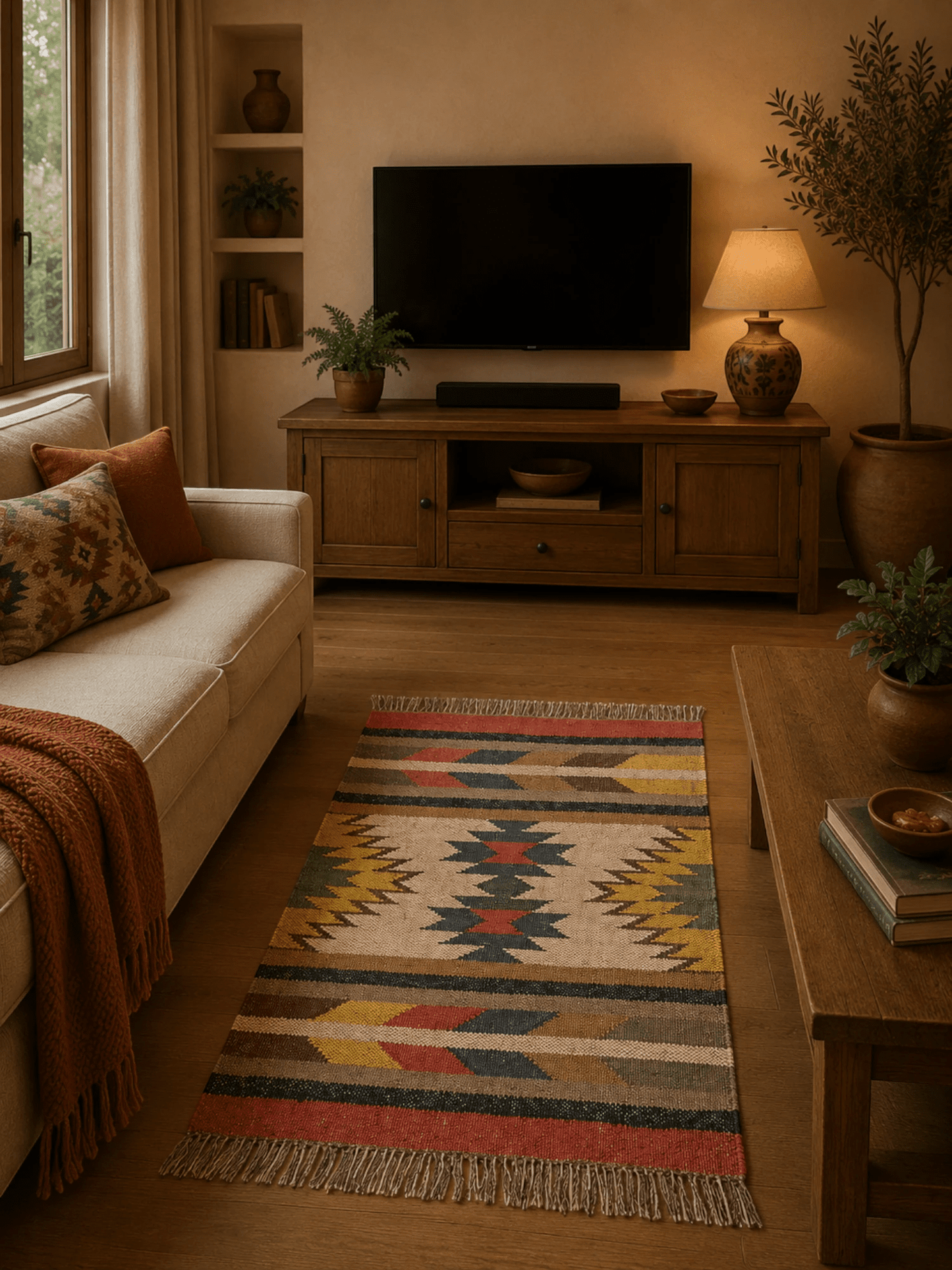 Alfombra Kilim 60x90 cms para (comedor, salón, dormitorio dinning, living, room) multicolor de yute y lana.