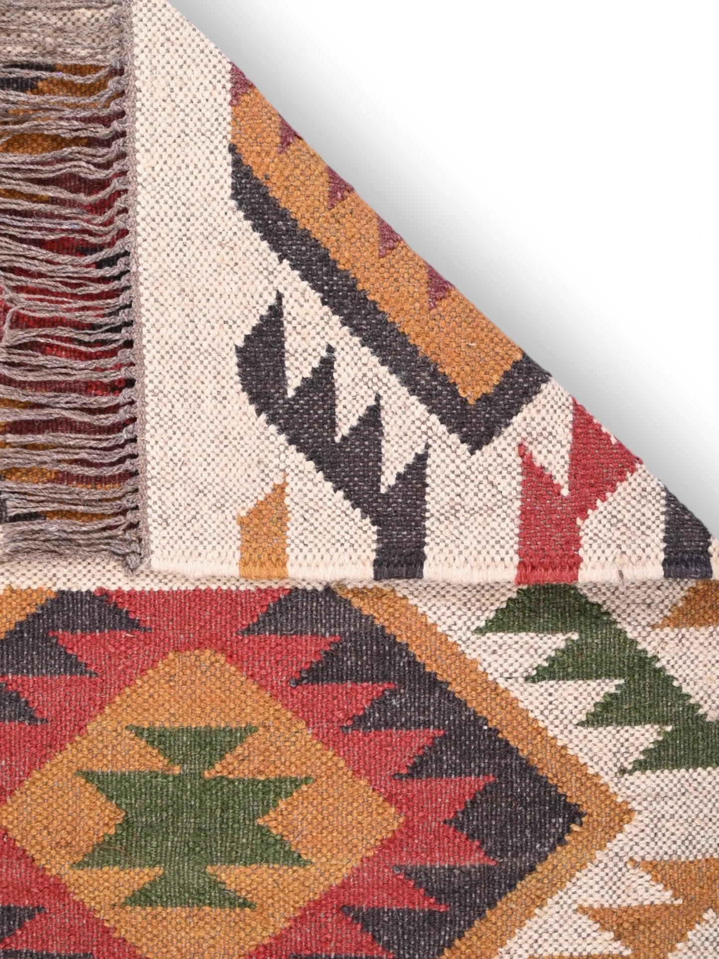Detalle de alfombras kililm pasillo 60x90 multicolor necha a mano en fibras naturales