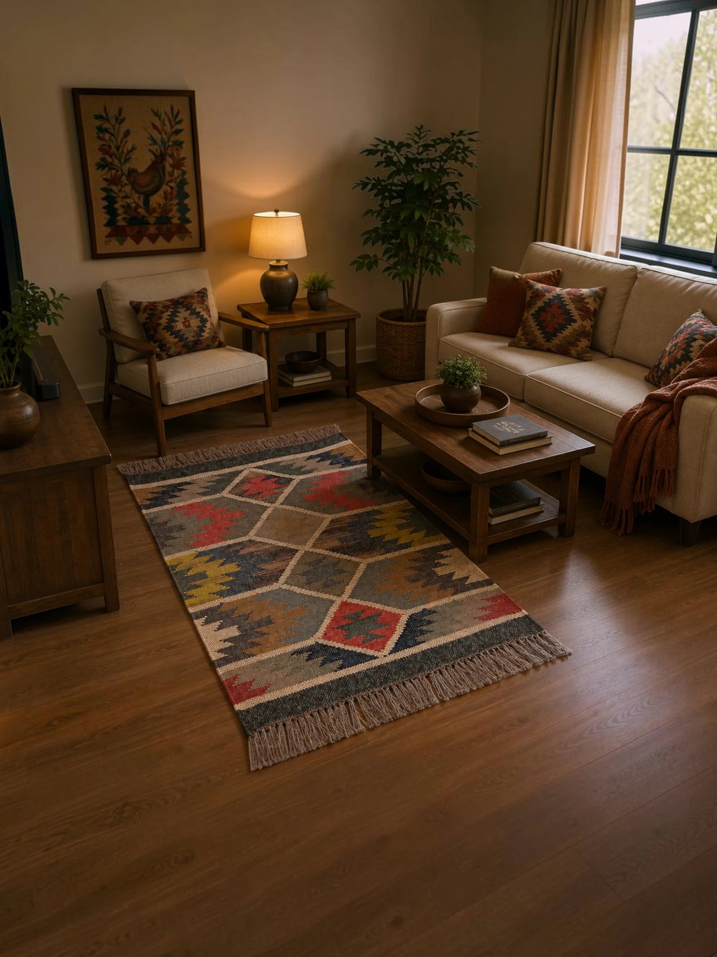 Alfombra Kilim 60x90 para (comedor, salón, dormitorio...dinning, living, room) multicolor de yute y lana.