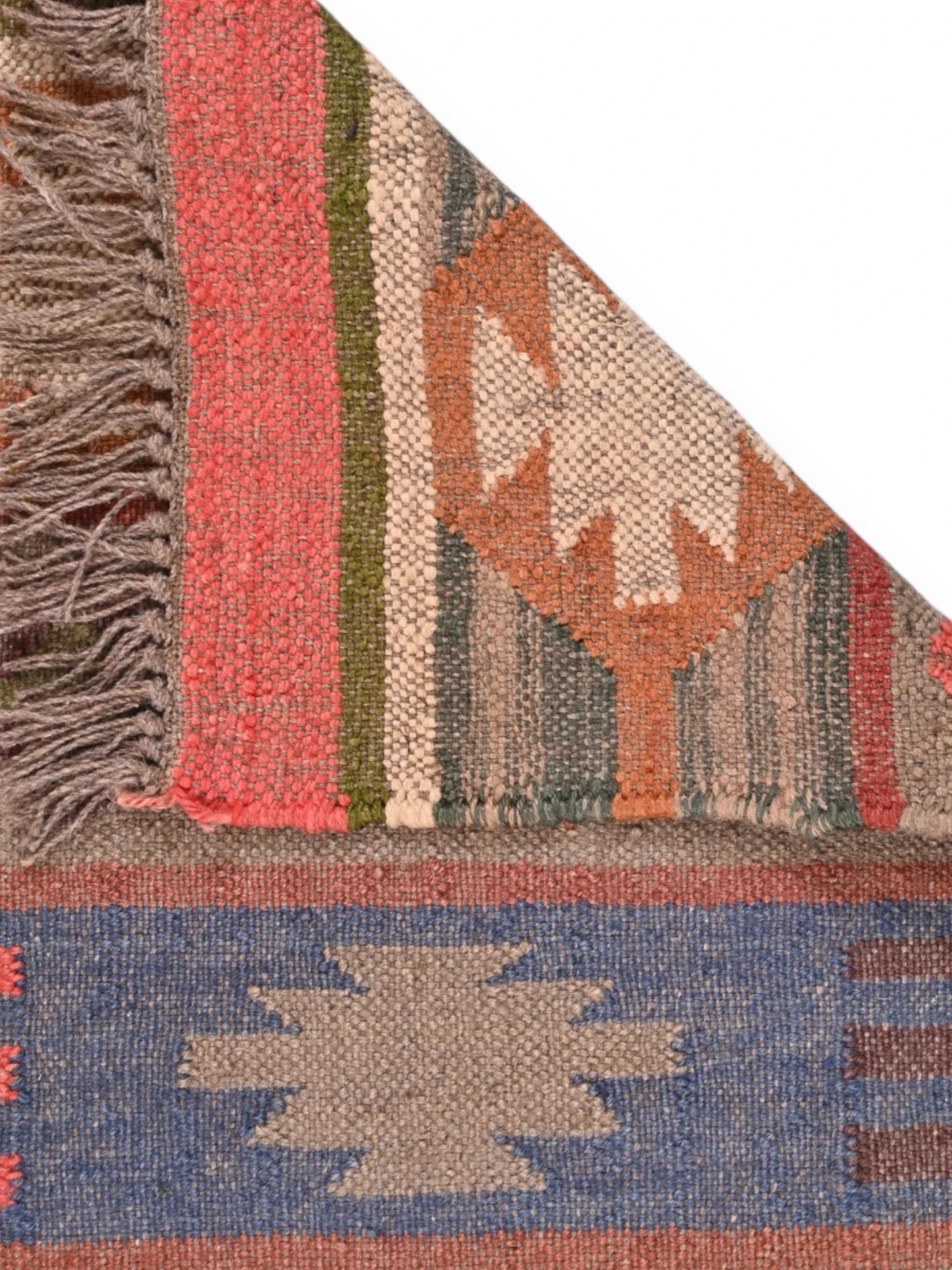 Detalle de alfombras kililm pasillo 60x90 multicolor necha a mano en fibras naturales