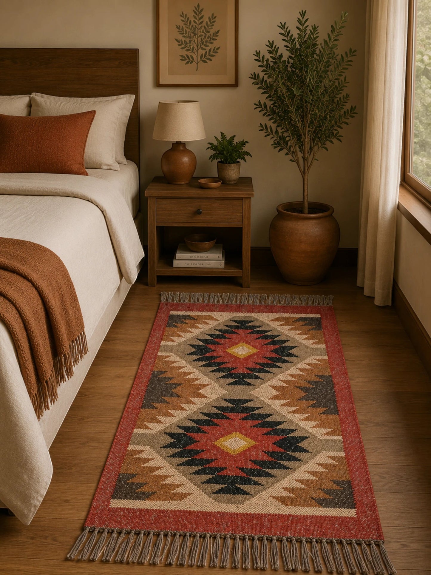 Alfombra Kilim 60x90 cms para (comedor, salón, dormitorio dinning, living, room) multicolor de yute y lana.