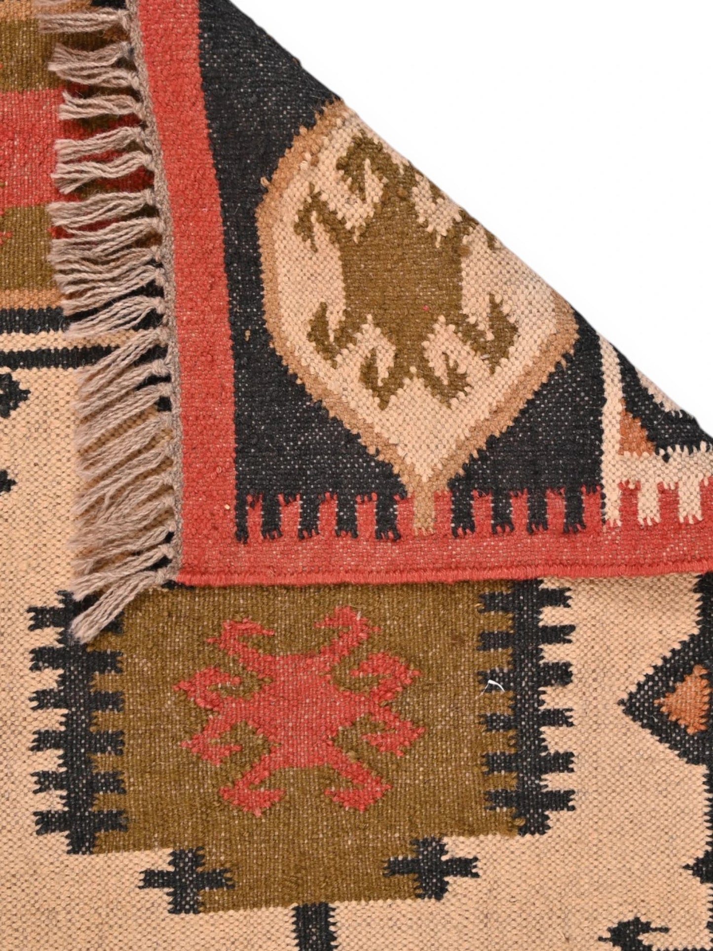 Detalle de alfombras kililm pasillo 60x90 multicolor necha a mano en fibras naturales