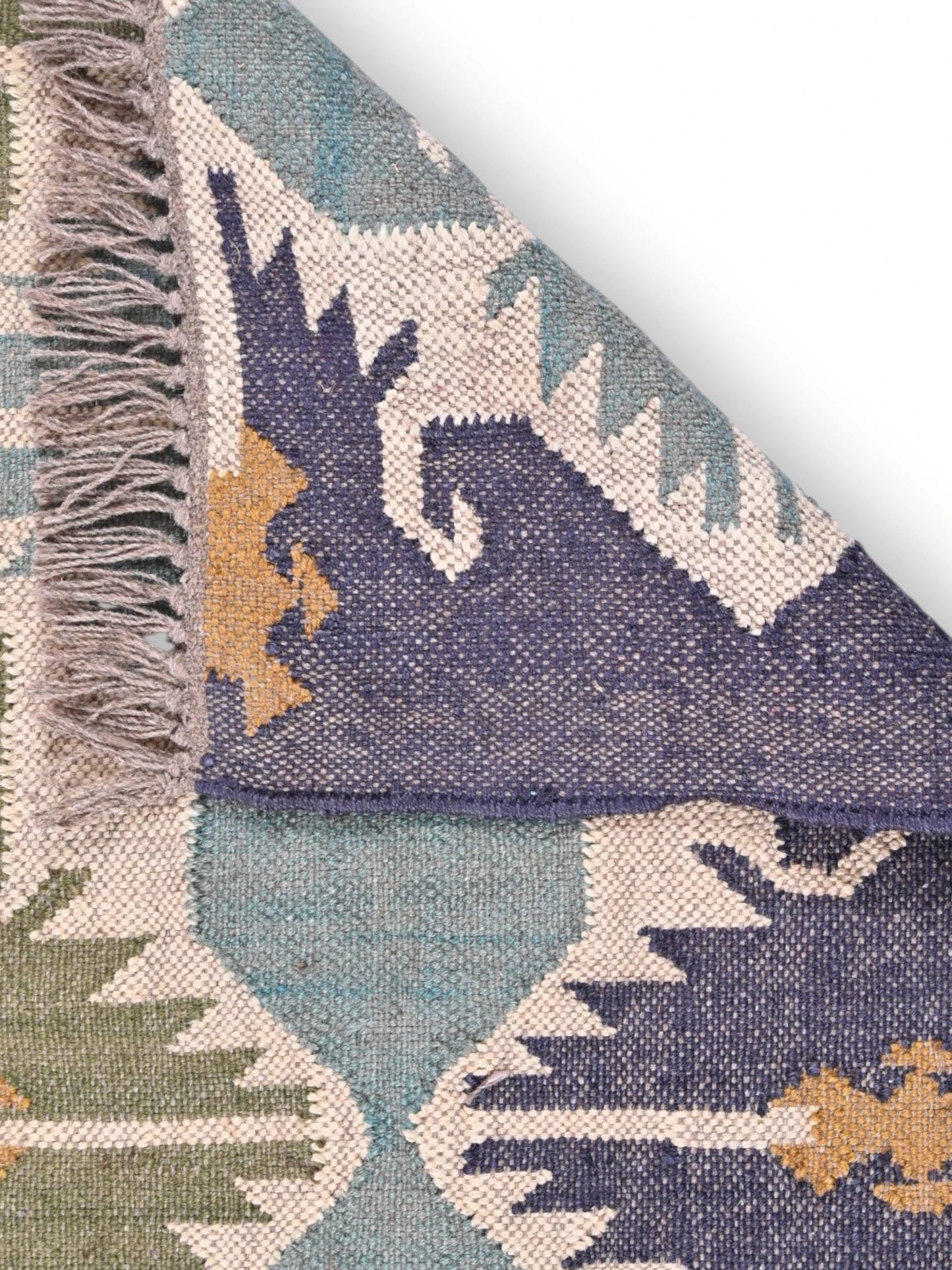 Detalle de alfombras kililm pasillo 60x90 multicolor necha a mano en fibras naturales