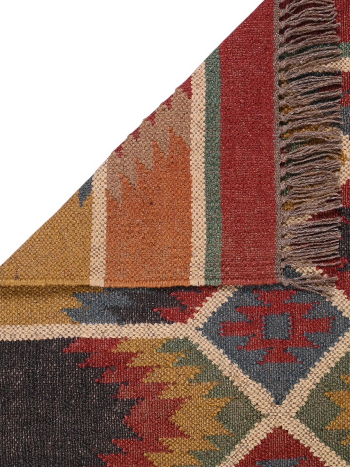 Detalle de alfombra kilim pasillo 60x90 multicolor hecha a mano en fibras naturales