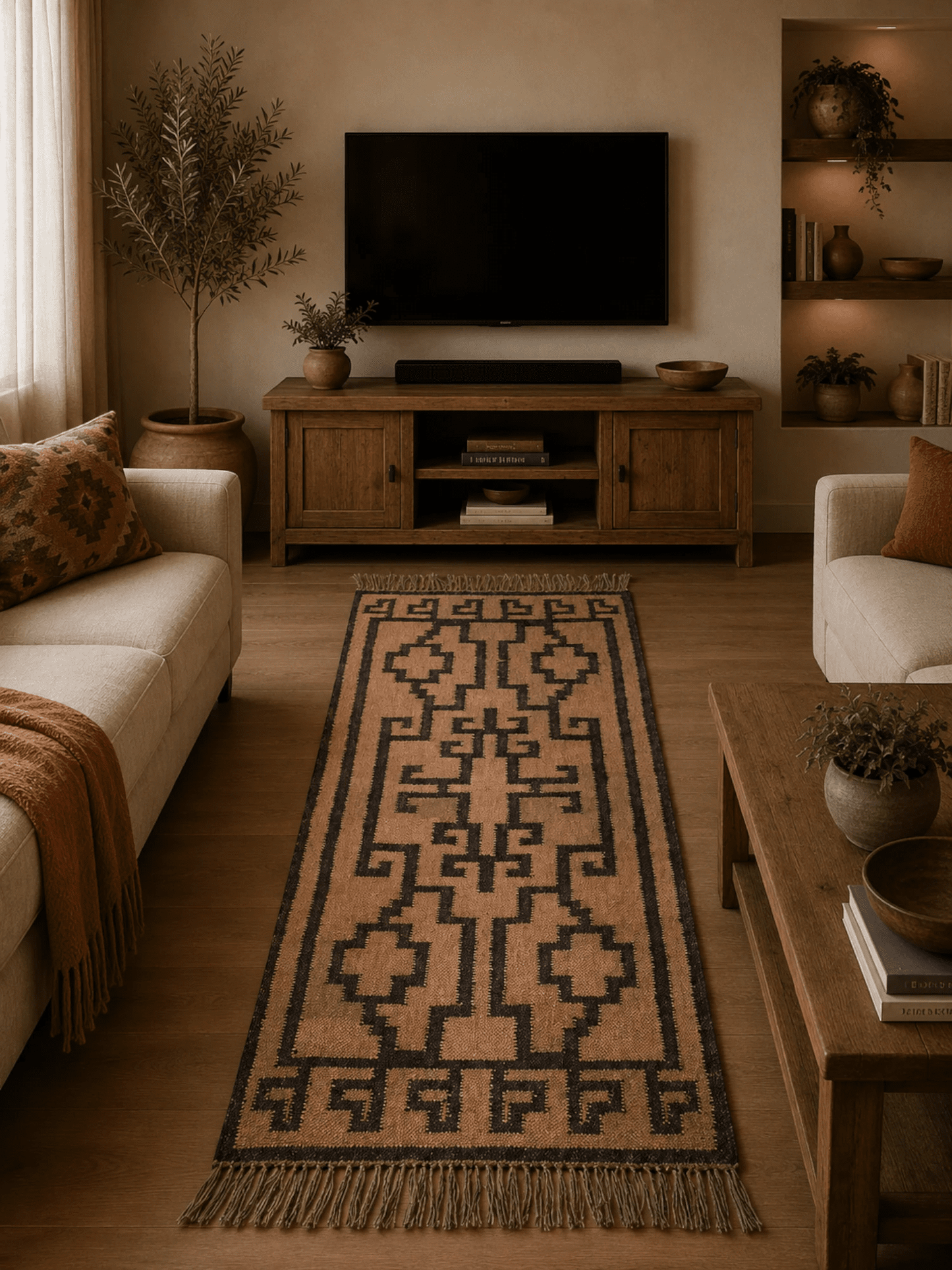 Alfombra Kilim 75x180 cms para (comedor, salón, dormitorio...dinning, living, room) beige negro de yute y lana.