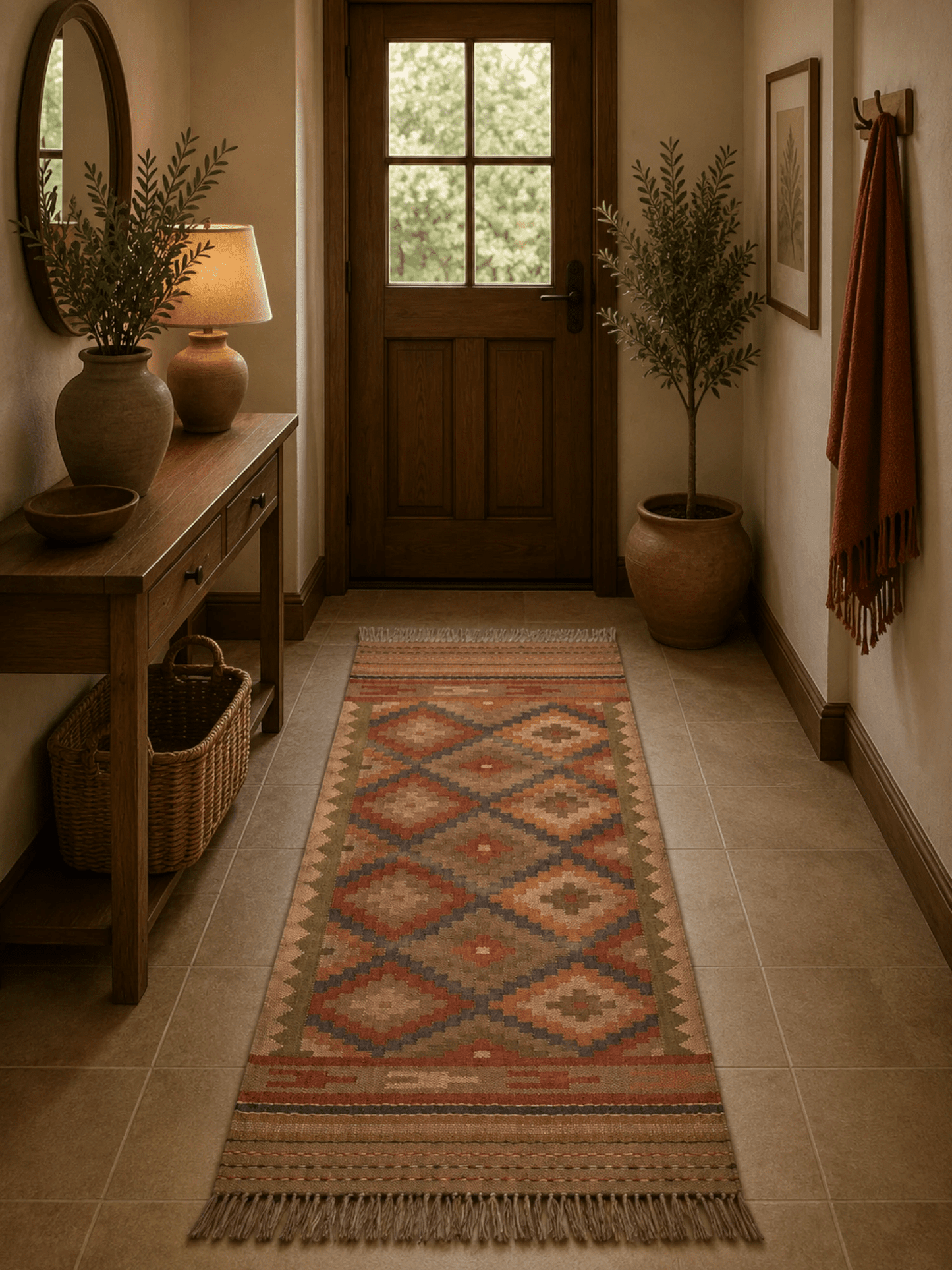 Alfombra Kilim 75x180 cms para (comedor, salón, dormitorio...dinning, living, room) multicolor de yute y lana.