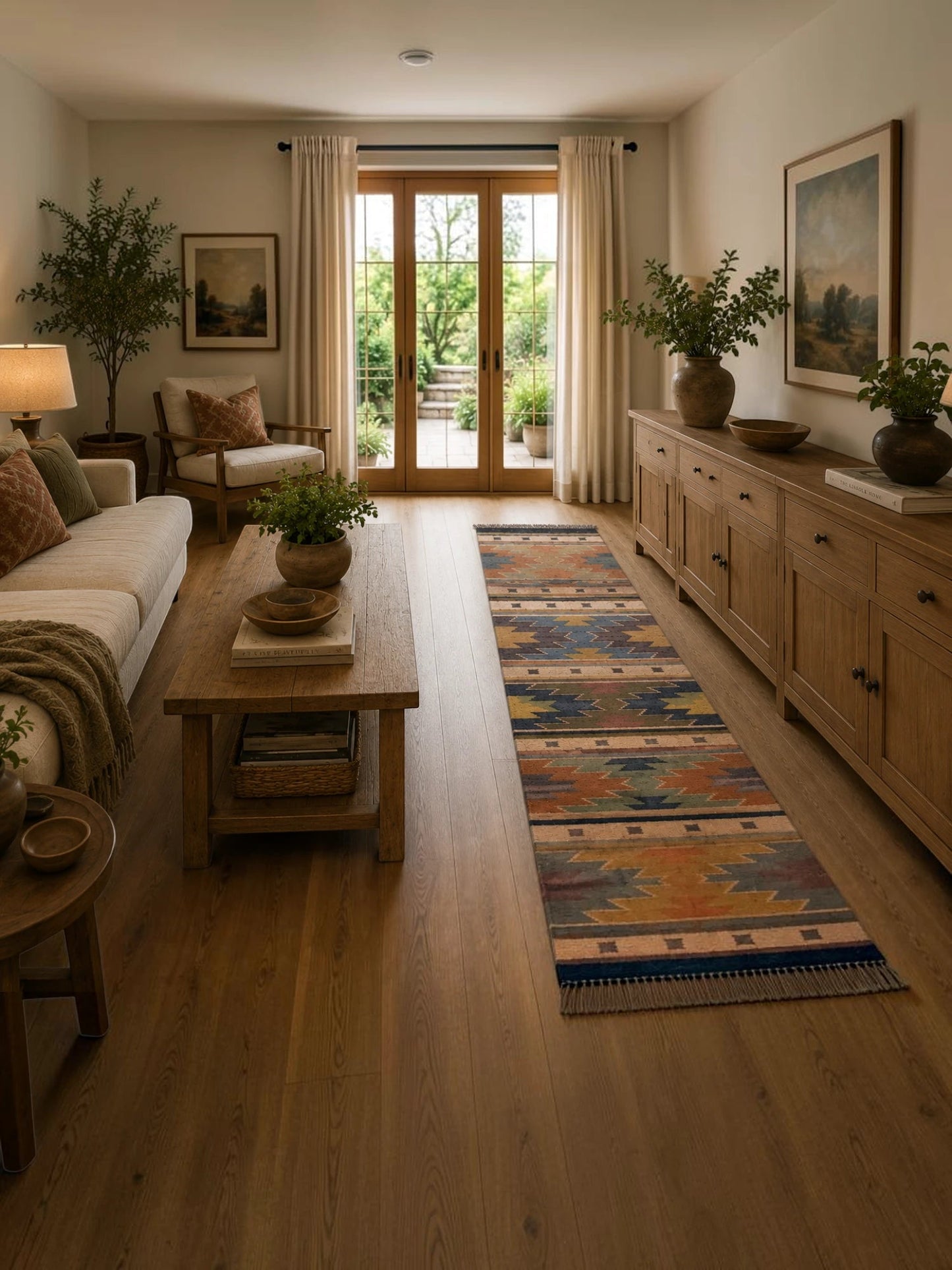 Alfombra Kilim 75x240 para (comedor, salón, dormitorio...dinning, living, room) multicolor de yute y lana.