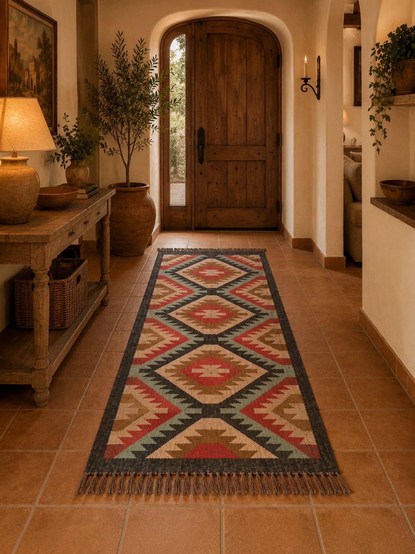 Alfombra Kilim 75x240cms para (comedor, salón, dormitorio...dinning, living, room) multicolor de yute y lana.