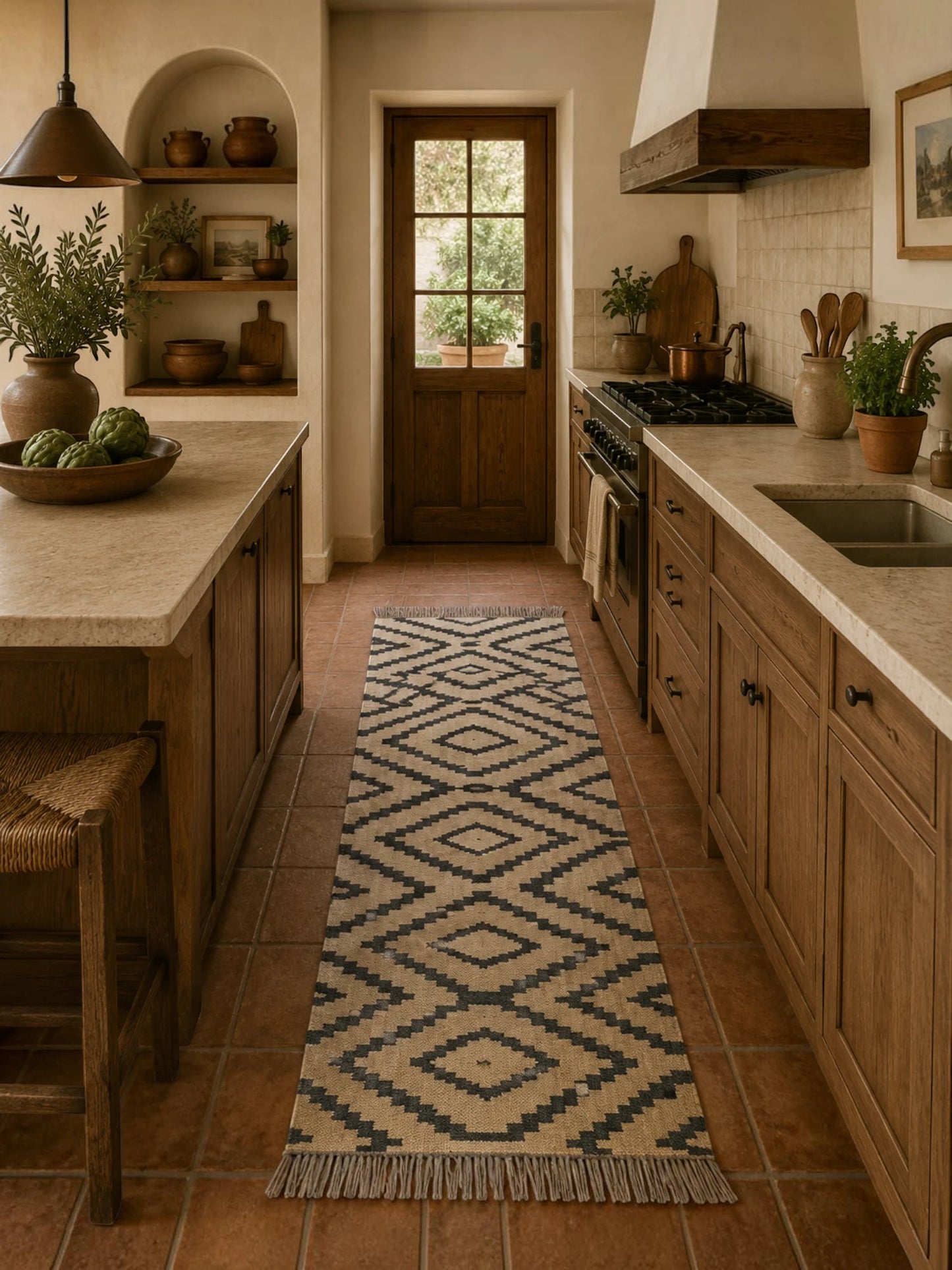 Alfombra Kilim 75x240 para (comedor, salón, dormitorio...dinning, living, room) negro beige de yute y lana.