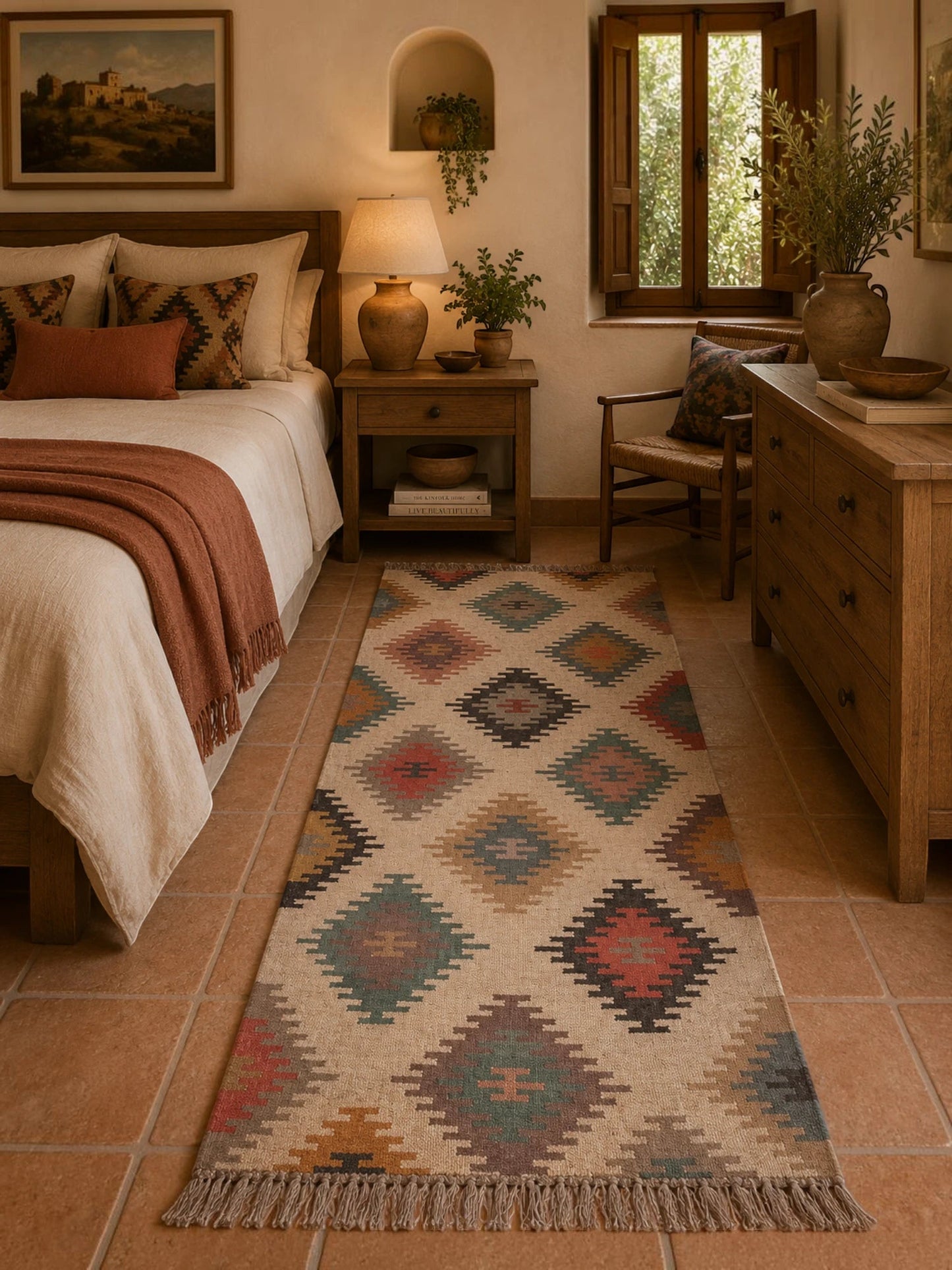 Alfombra Kilim75x240para (comedor, salón, dormitorio...dinning, living, room) multicolor de yute y lana.