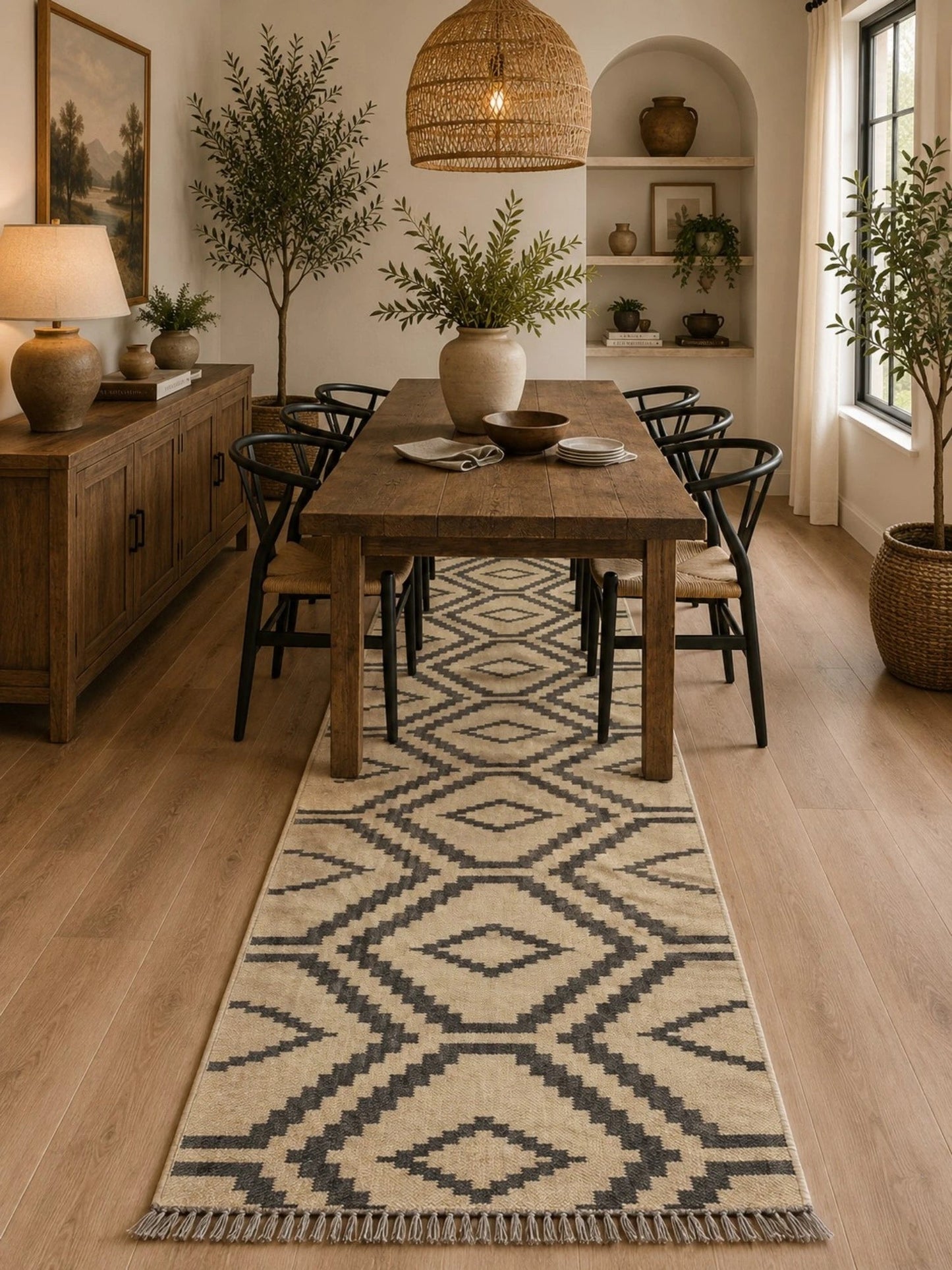 Alfombra Kilim 75x280 para (comedor, salón, dormitorio...dinning, living, room) color creme negro de yute y lana.