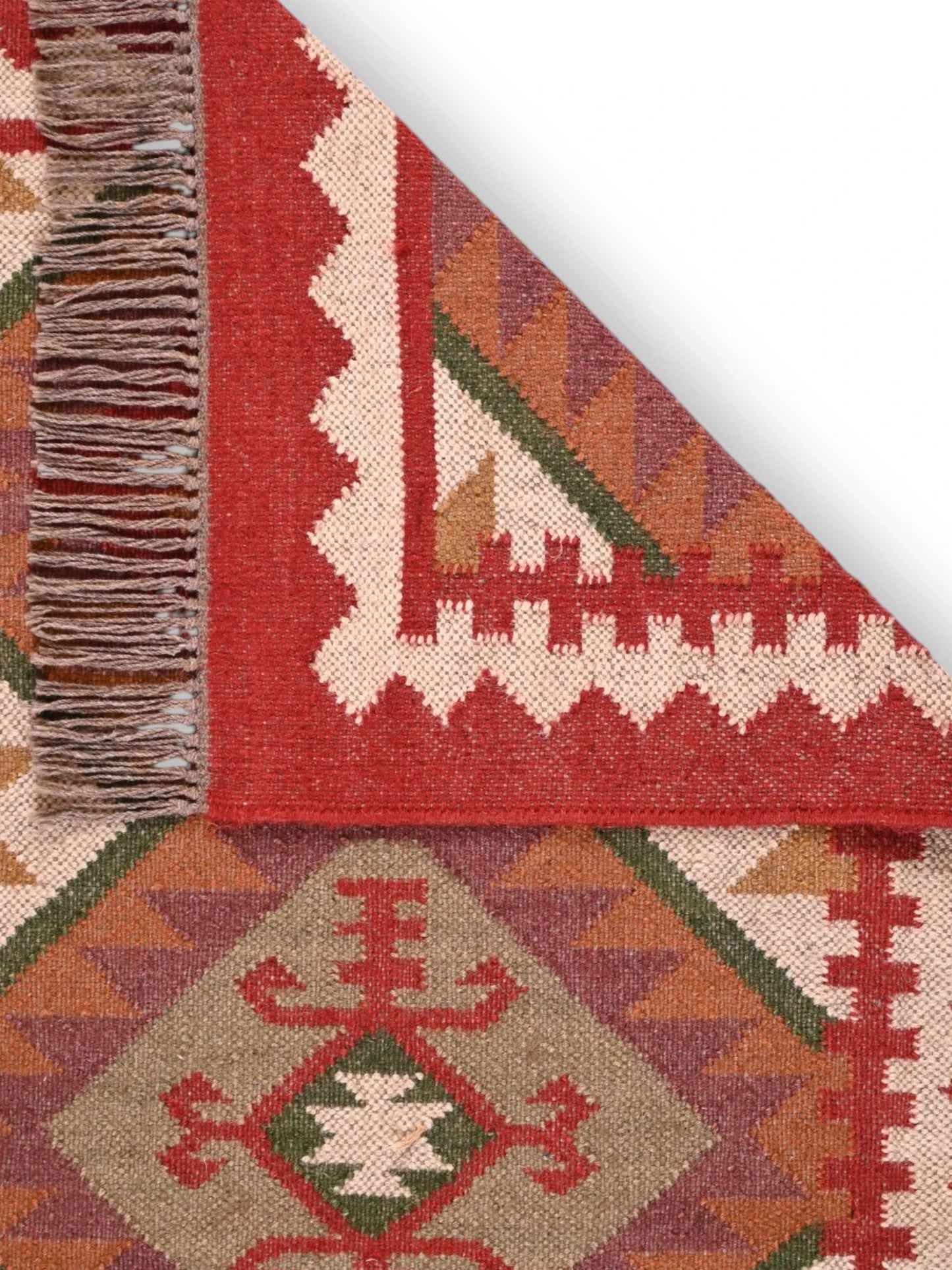 Detalle de alfombras kililm pasillo 75x300 multicolor necha a mano en fibras naturales