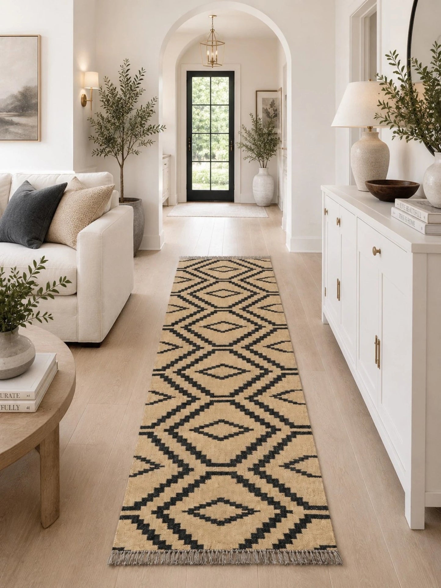 alfombras kililm pasillo 75x300 negro para (comedor, salón, dormitorio...dinning, living, room) crema de yute y lana.