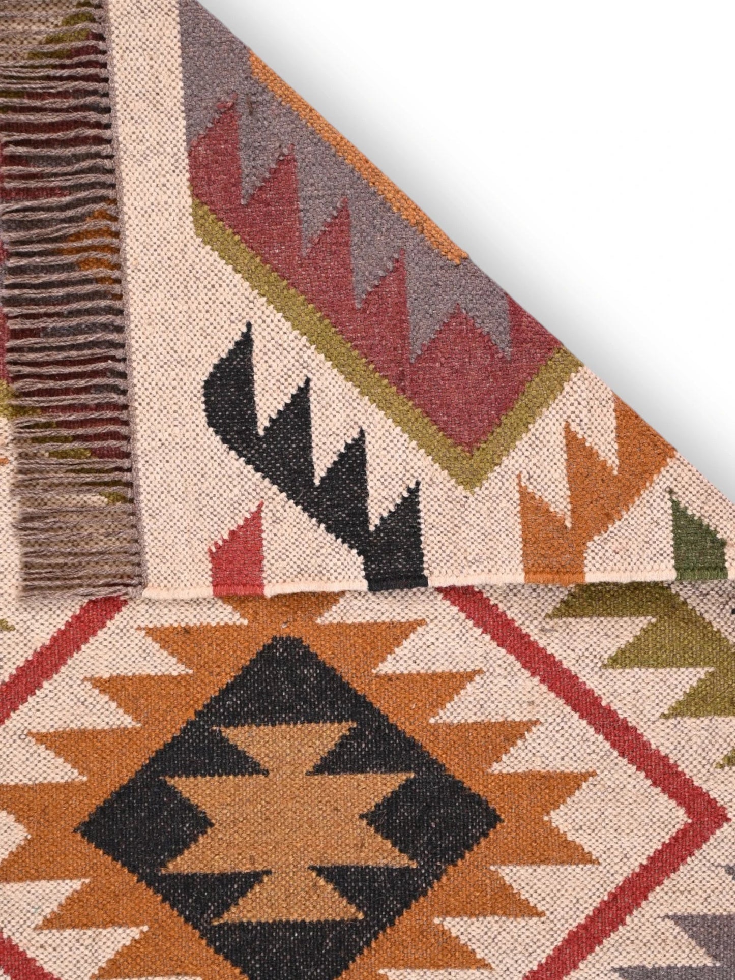 Detalle de alfombras kililm pasillo 75x300 multicolor necha a mano en fibras naturales