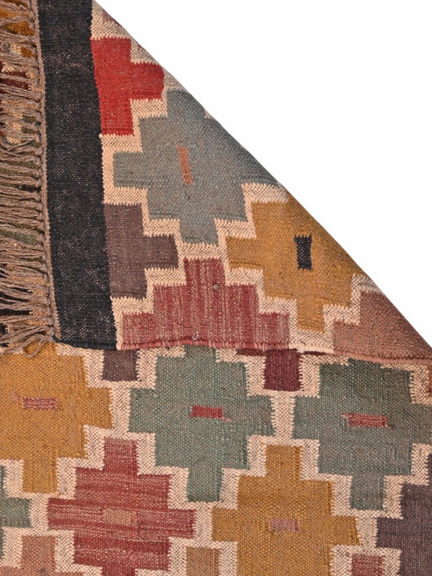 Detalle de alfombras kililm pasillo 90x150 multicolor necha a mano en fibras naturales