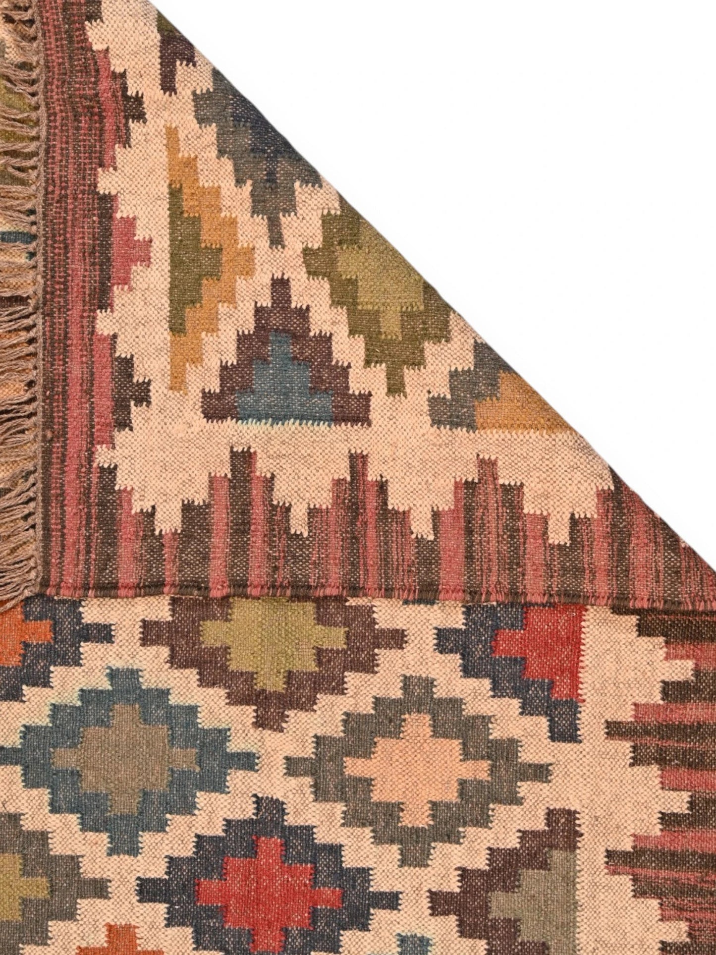 Detalle de alfombras kililm pasillo 90x150 multicolor necha a mano en fibras naturales