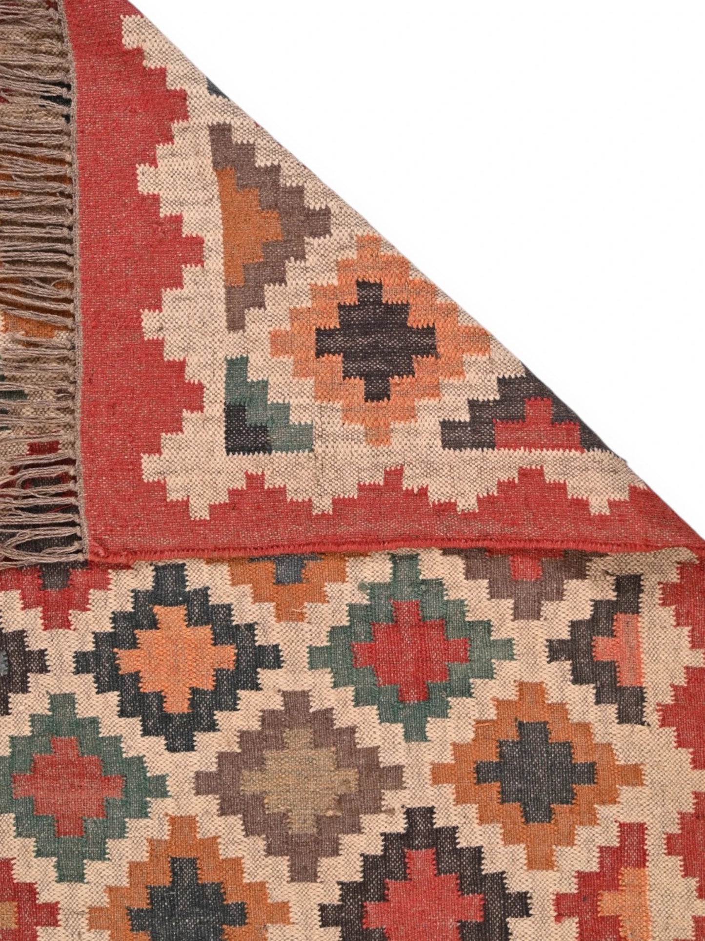Detalle de alfombras kililm pasillo 90x150 multicolor necha a mano en fibras naturales