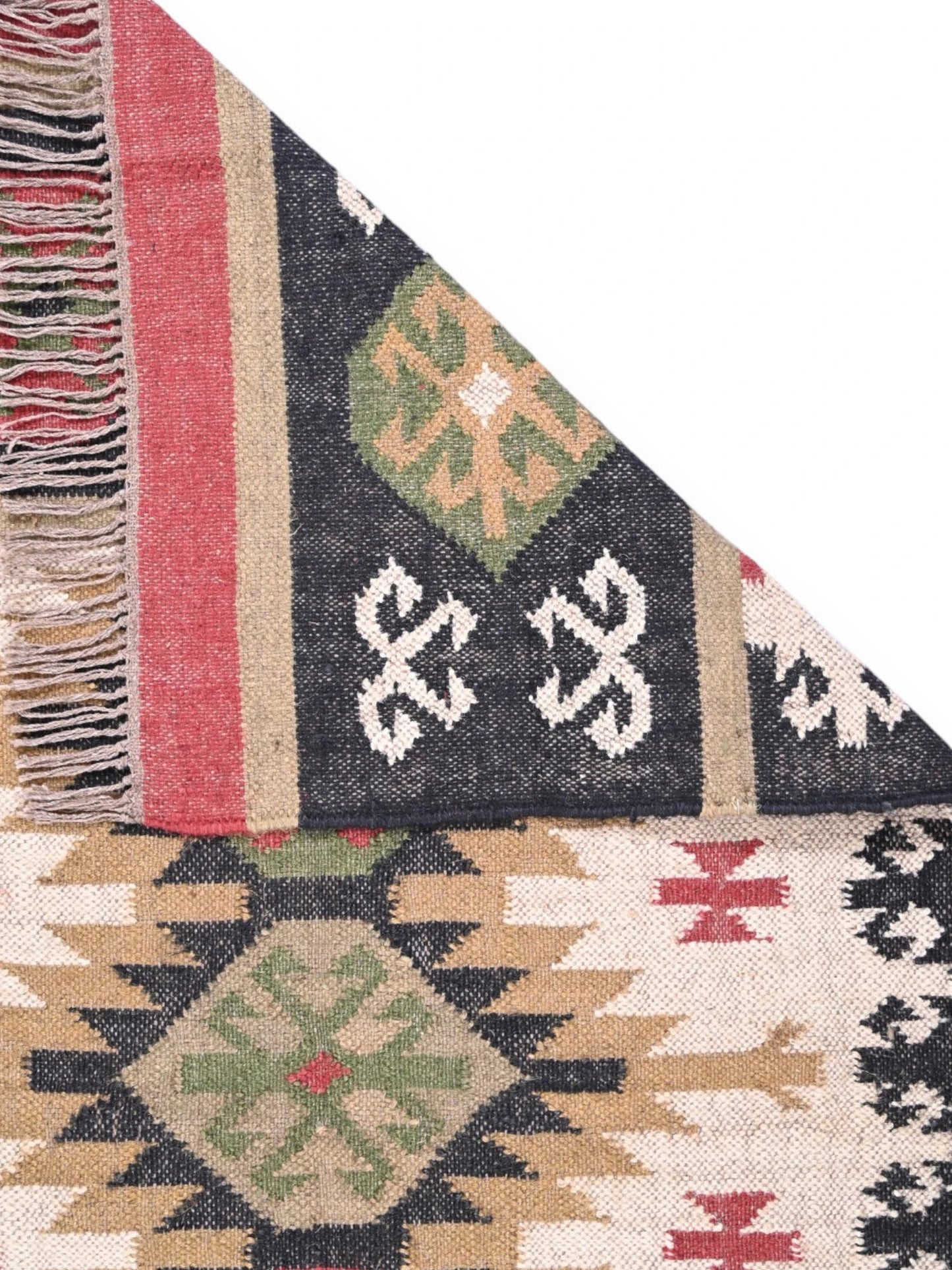 Detalle de alfombras kililm pasillo 90x50 multicolor necha a mano en fibras naturales