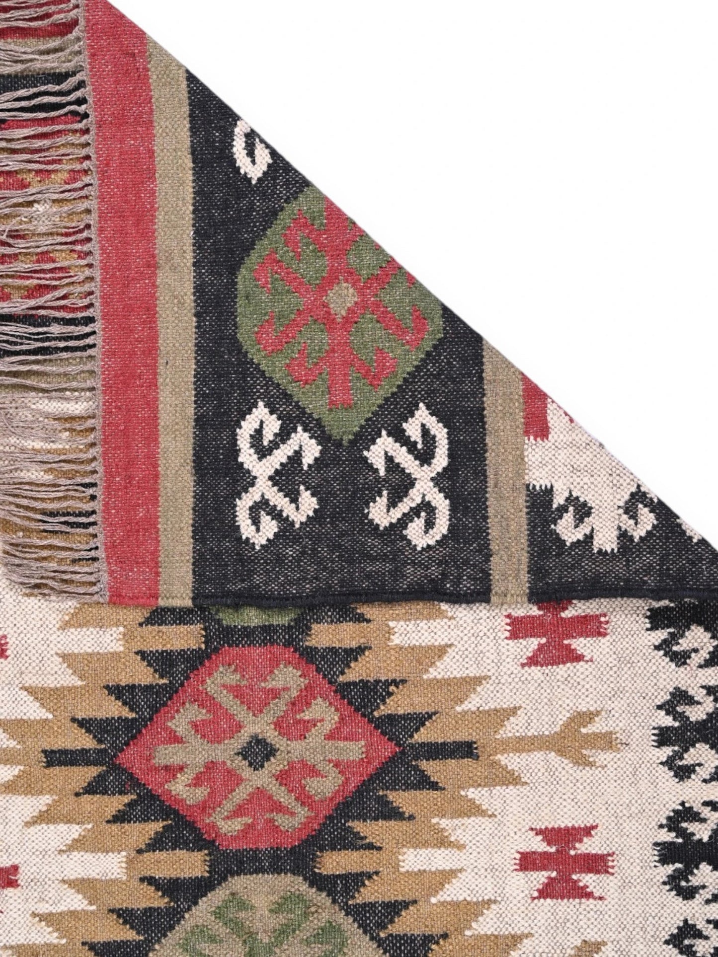 Detalle de alfombras kililm pasillo 90x50 multicolor necha a mano en fibras naturales