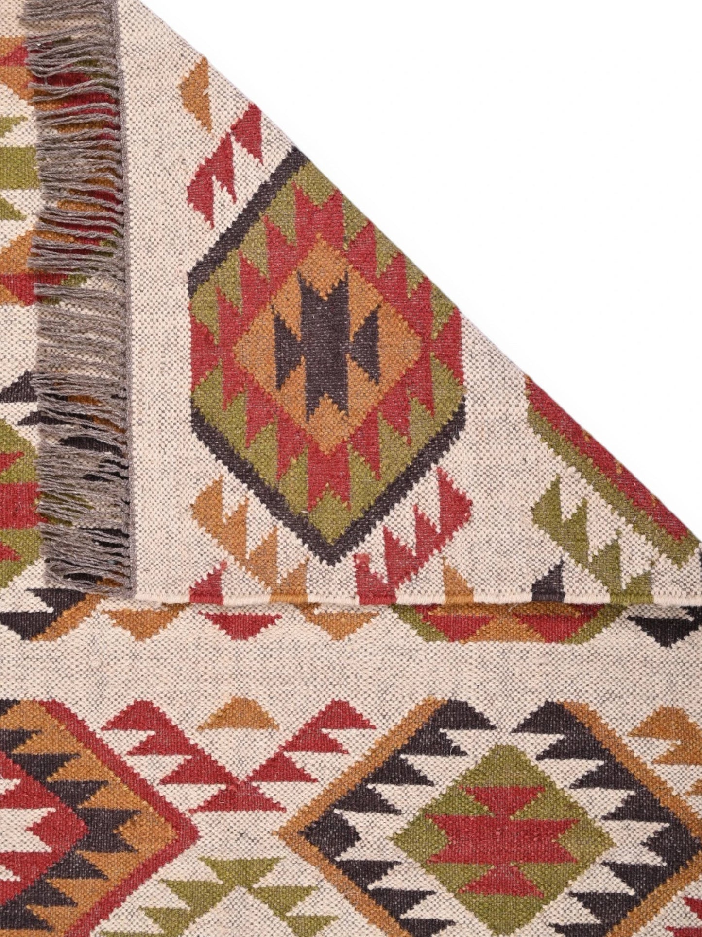 Detalle de alfombras kililm pasillo 90x50 multicolor necha a mano en fibras naturales