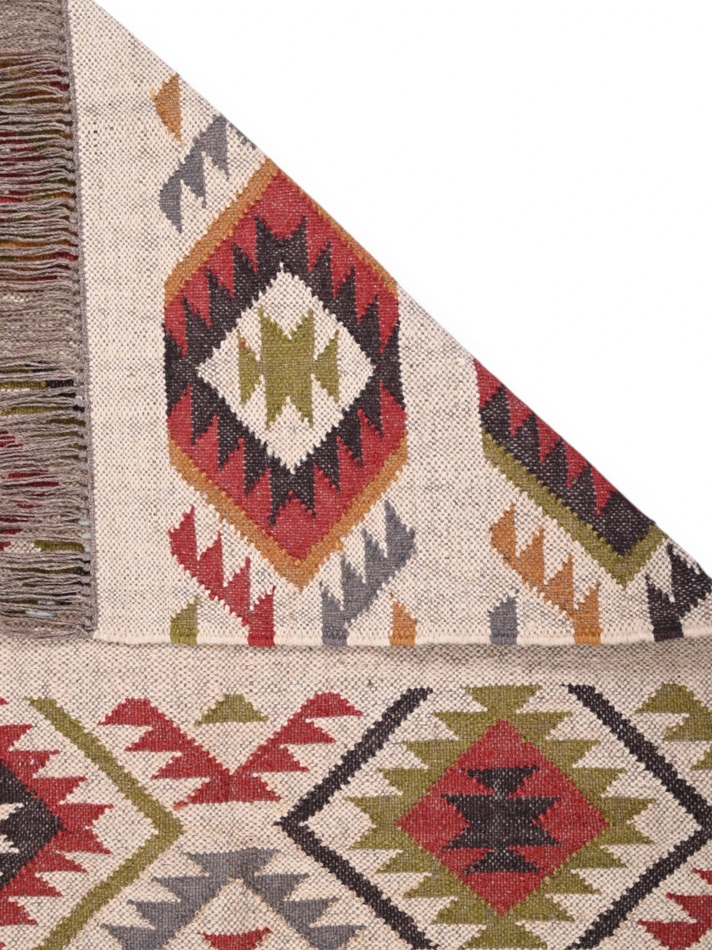 Detalle de alfombras kililm pasillo 90x50 multicolor necha a mano en fibras naturales