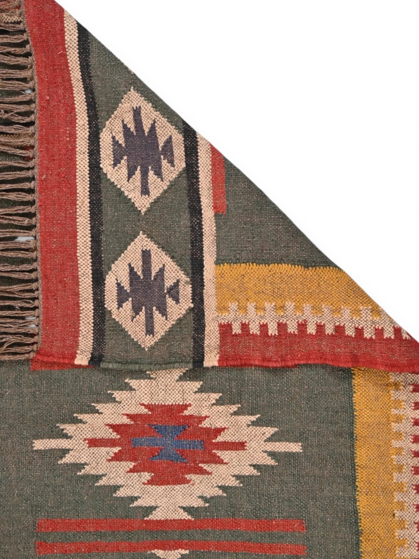 Detalle de alfombras kililm pasillo 90x150 multicolor necha a mano en fibras naturales