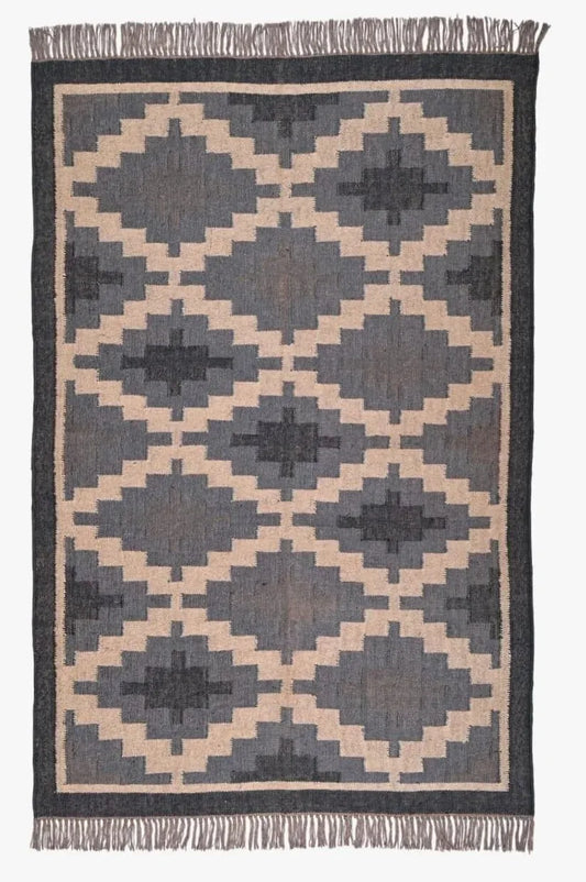 alfombra kilim tonos azules y negros 