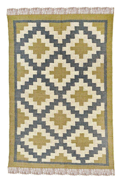 Alfombra Kilim Grande, diseño étnico, clásico, tradicional, Verde, multicolor- hecha a mano de Lana y Yute - 120x180