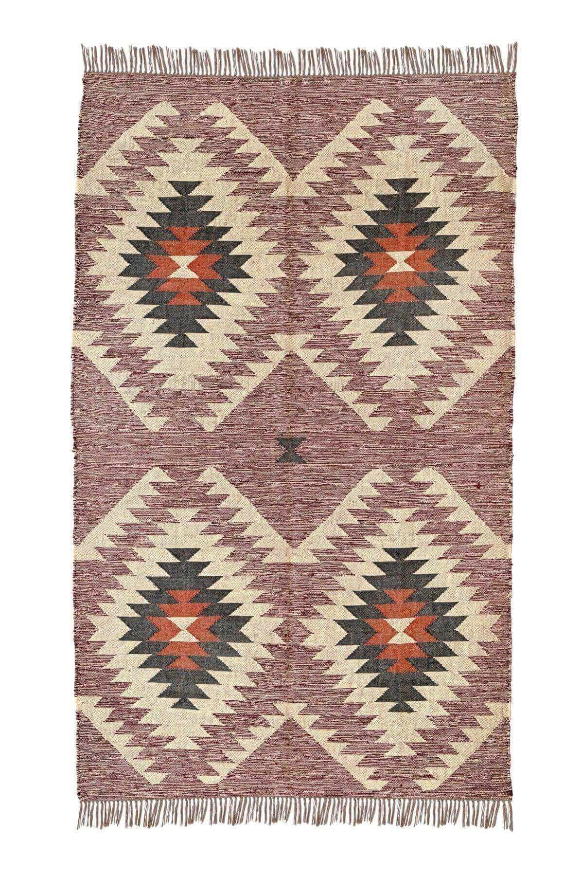 Alfombra Kilim Grande, diseño étnico, clásico, tradicional, tonos tierra,  multicolor- hecha a mano de Lana y Yute - 120x180