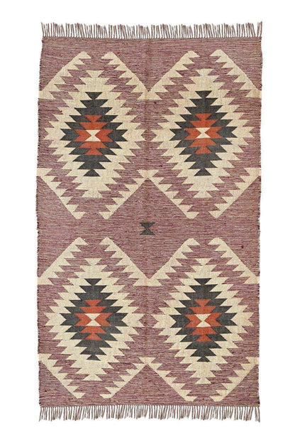 Alfombra Kilim Grande, diseño étnico, clásico, tradicional, tonos tierra,  multicolor- hecha a mano de Lana y Yute - 120x180