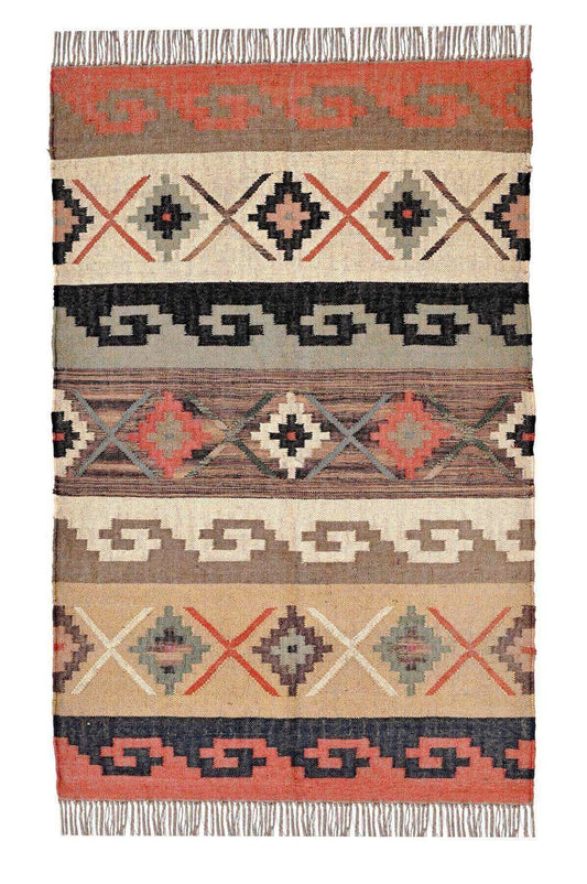 Alfombra Kilim Grande, diseño étnico, clásico, tradicional, multicolor- hecha a mano de Lana y Yute - 120x180